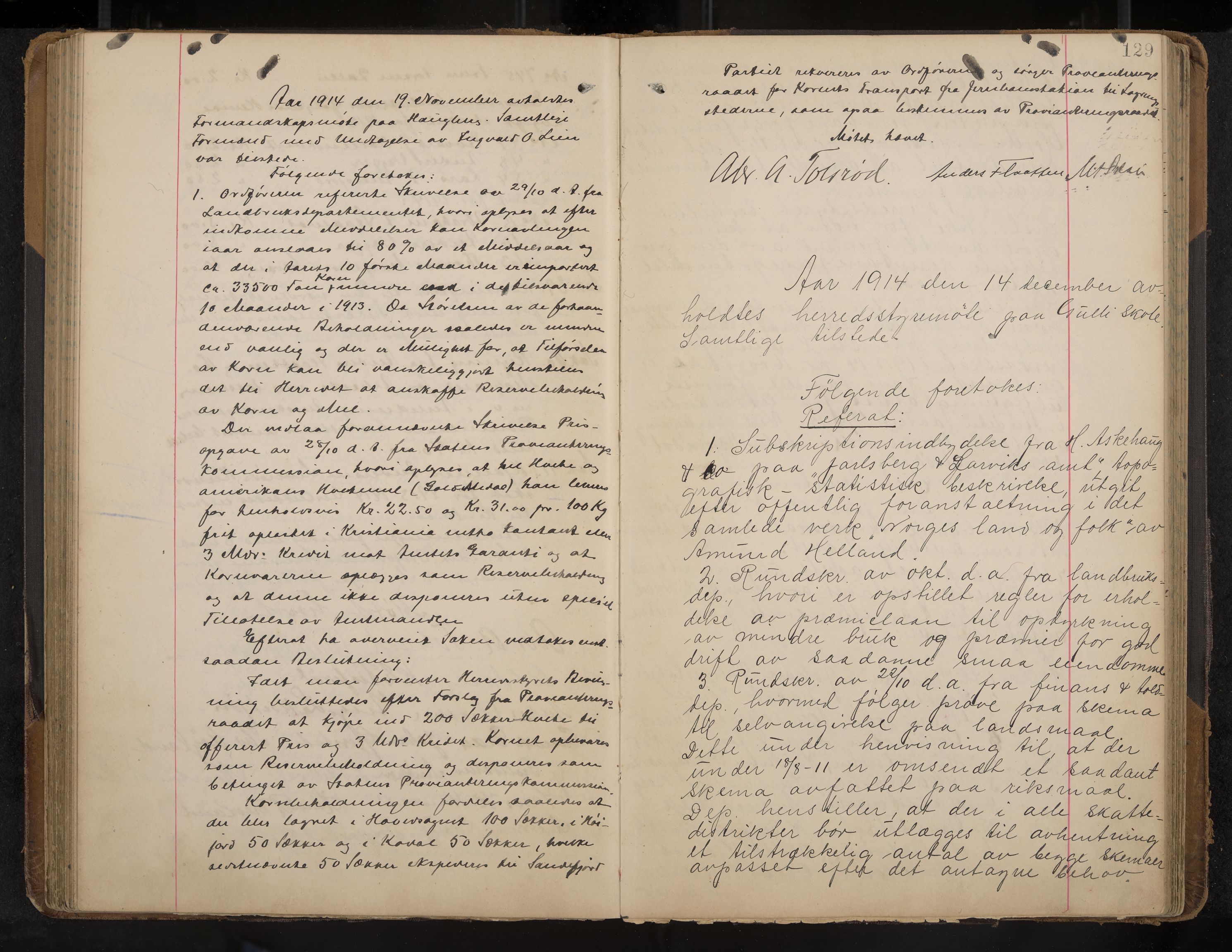 Andebu formannskap og sentraladministrasjon, IKAK/0719021-1/A/Aa/L0004: Møtebok, 1908-1917, p. 129