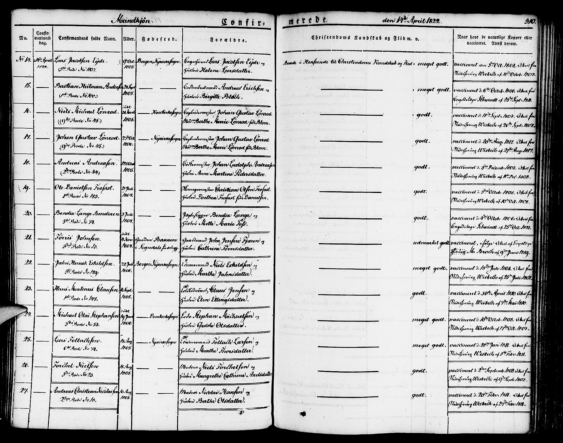 Nykirken Sokneprestembete, SAB/A-77101/H/Haa/L0012: Parish register (official) no. A 12, 1821-1844, p. 310