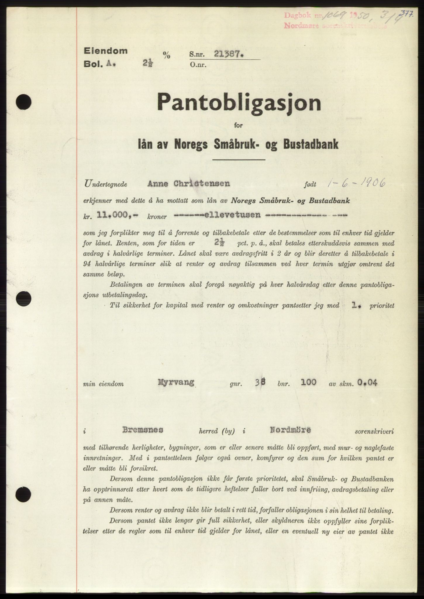 Nordmøre sorenskriveri, AV/SAT-A-4132/1/2/2Ca: Mortgage book no. B104, 1950-1950, Diary no: : 1069/1950