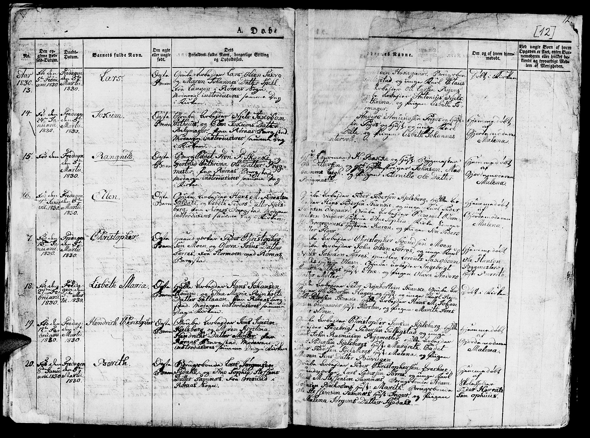 Ministerialprotokoller, klokkerbøker og fødselsregistre - Sør-Trøndelag, SAT/A-1456/681/L0938: Parish register (copy) no. 681C02, 1829-1879, p. 12