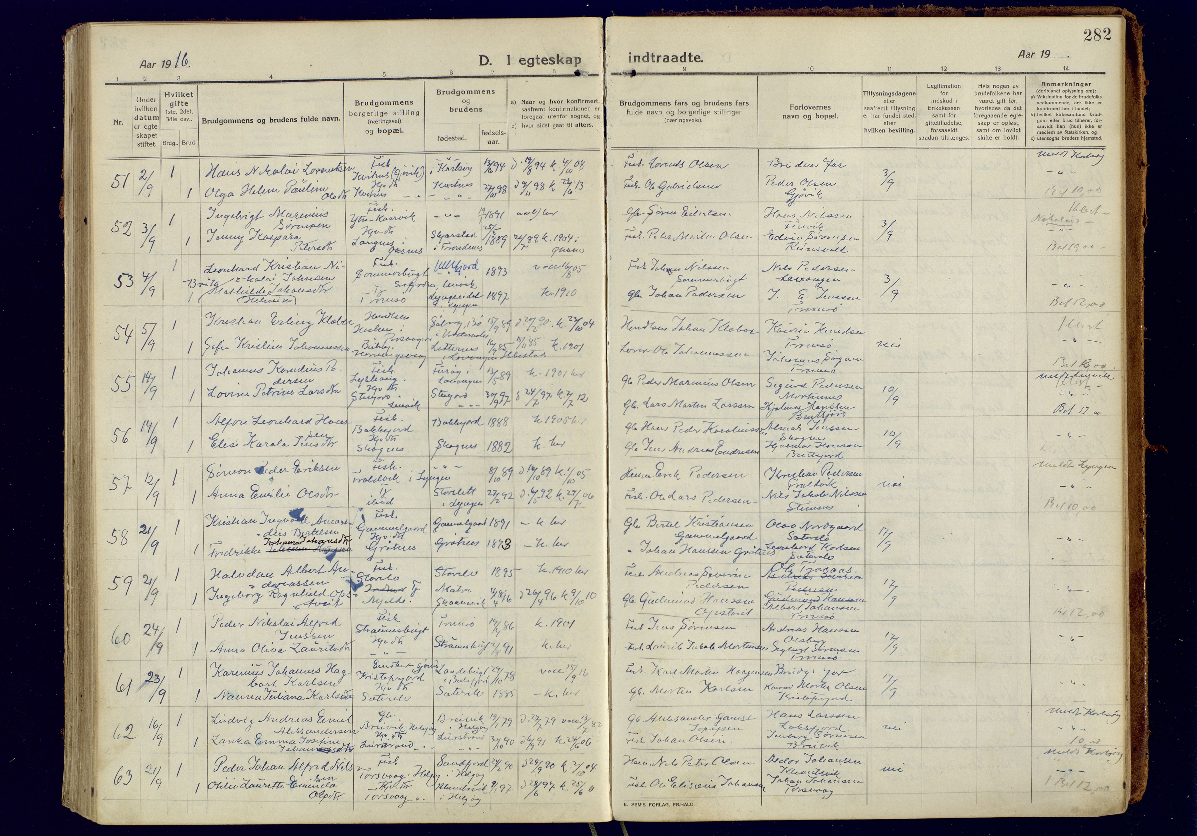 Tromsøysund sokneprestkontor, AV/SATØ-S-1304/G/Ga/L0008kirke: Parish register (official) no. 8, 1914-1922, p. 282