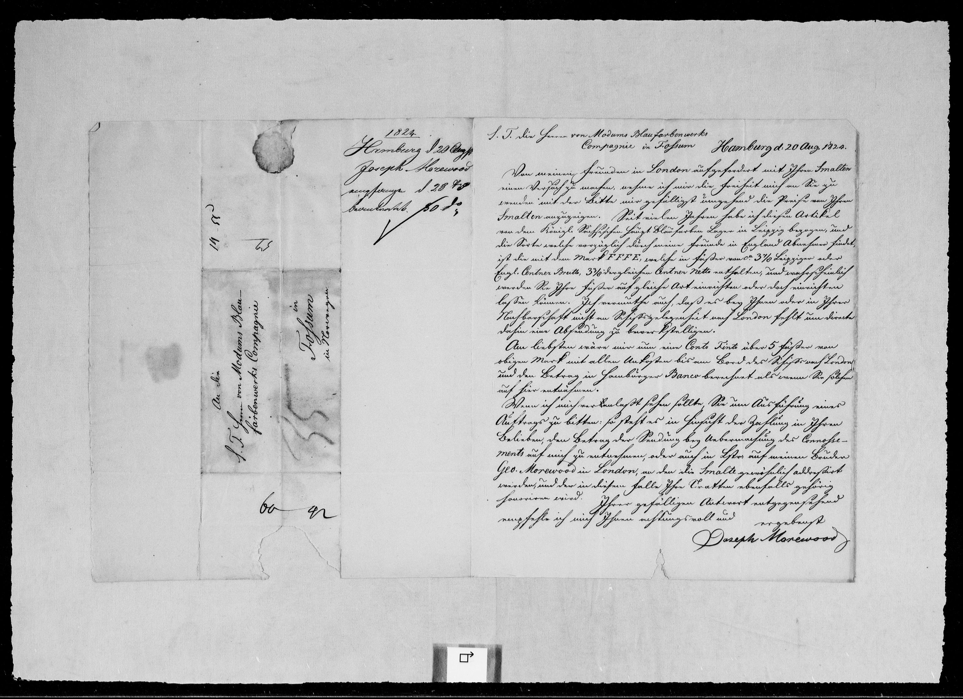 Modums Blaafarveværk, RA/PA-0157/G/Gb/L0094/0001: -- / Innkomne brev M - Z, 1824-1825, p. 4