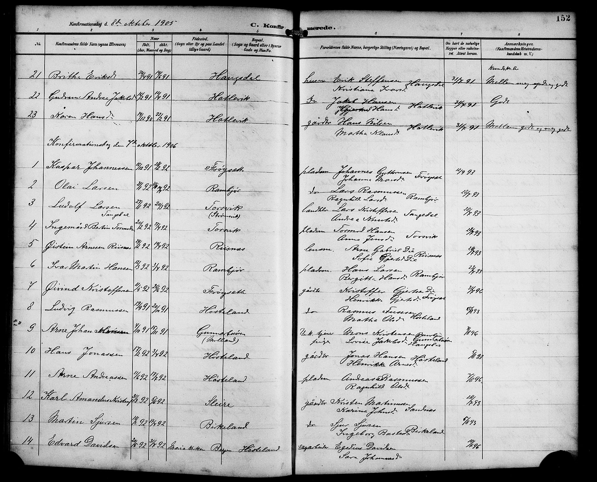 Masfjorden Sokneprestembete, SAB/A-77001: Parish register (copy) no. B 1, 1892-1913, p. 152