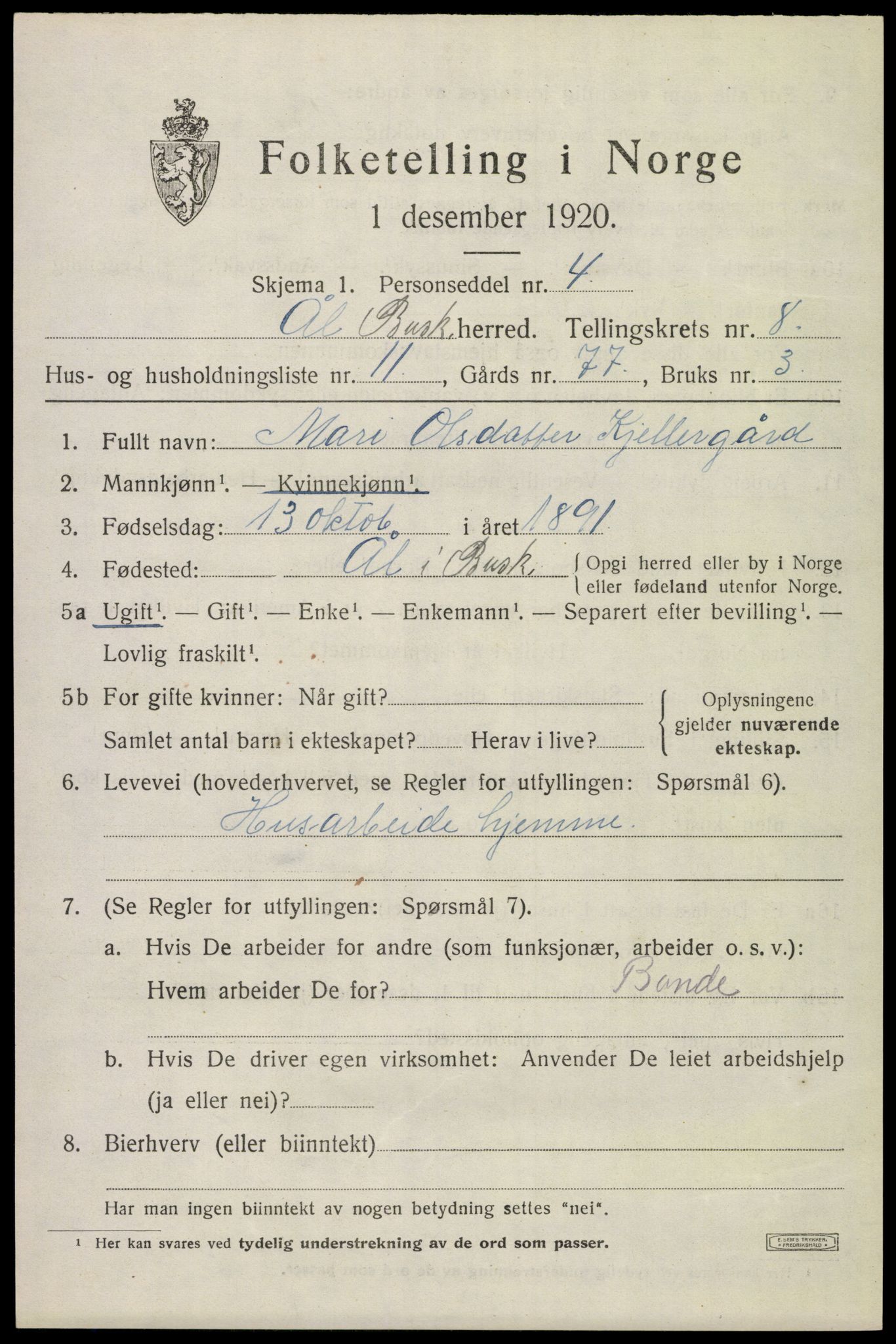 SAKO, 1920 census for Ål, 1920, p. 5444