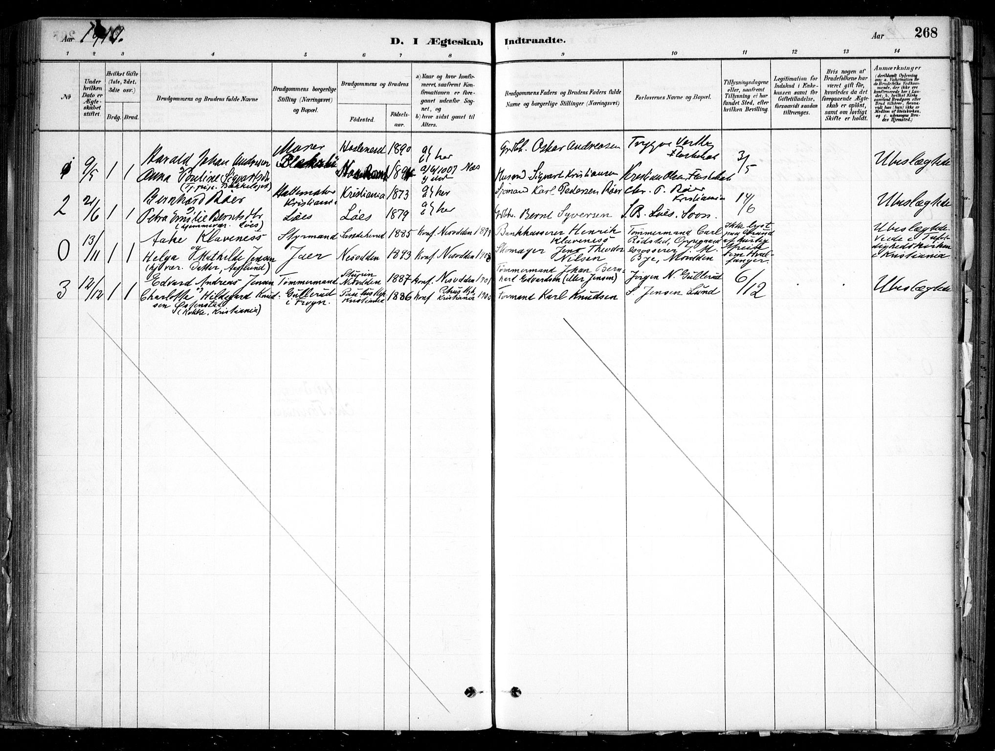 Nesodden prestekontor Kirkebøker, SAO/A-10013/F/Fa/L0009: Parish register (official) no. I 9, 1880-1915, p. 268