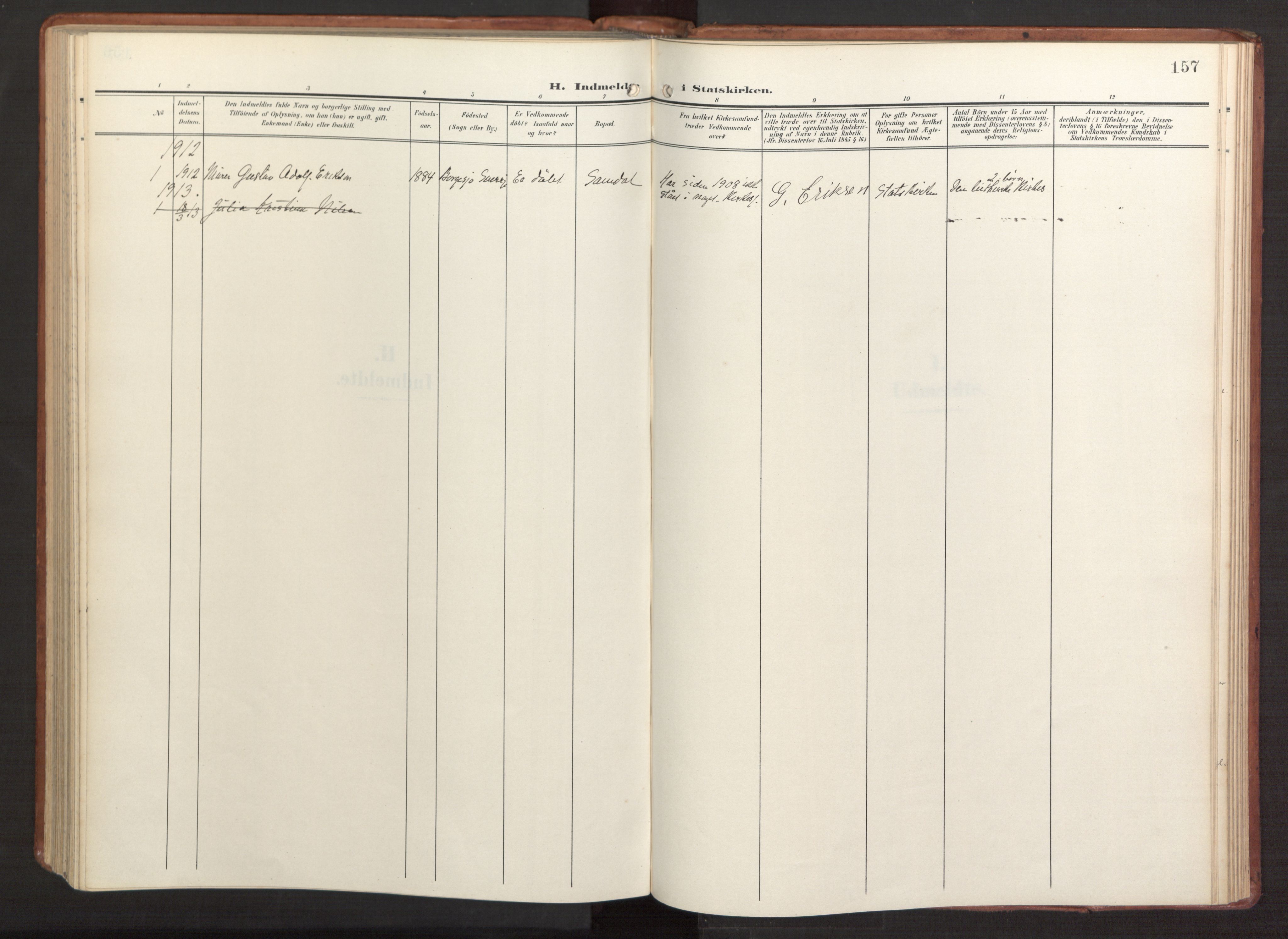 Fana Sokneprestembete, SAB/A-75101/H/Haa/Haab/L0004: Parish register (official) no. B 4, 1908-1915, p. 157