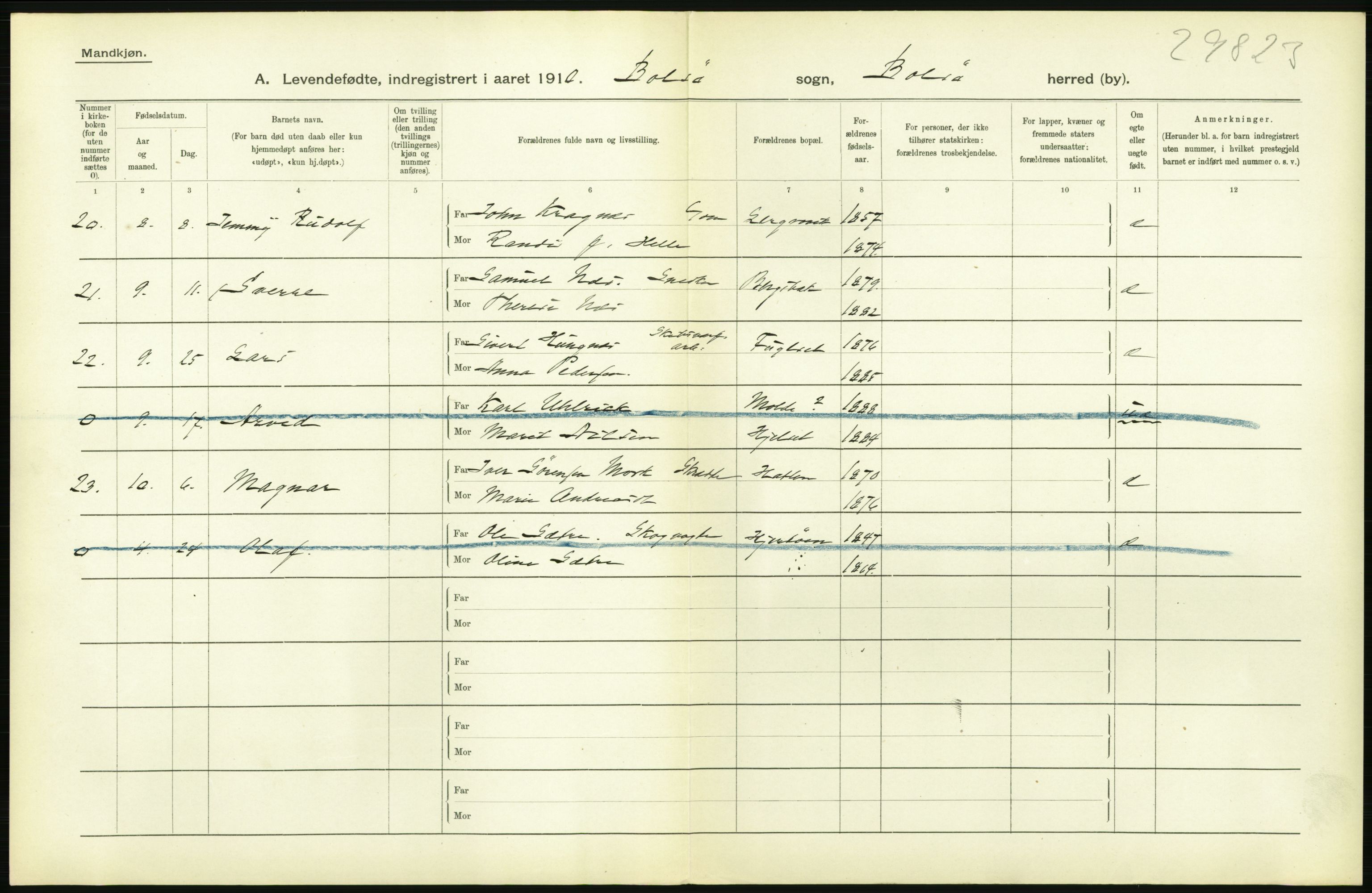 Statistisk sentralbyrå, Sosiodemografiske emner, Befolkning, AV/RA-S-2228/D/Df/Dfa/Dfah/L0032: Romsdals amt: Levendefødte menn og kvinner. Bygder., 1910, p. 2