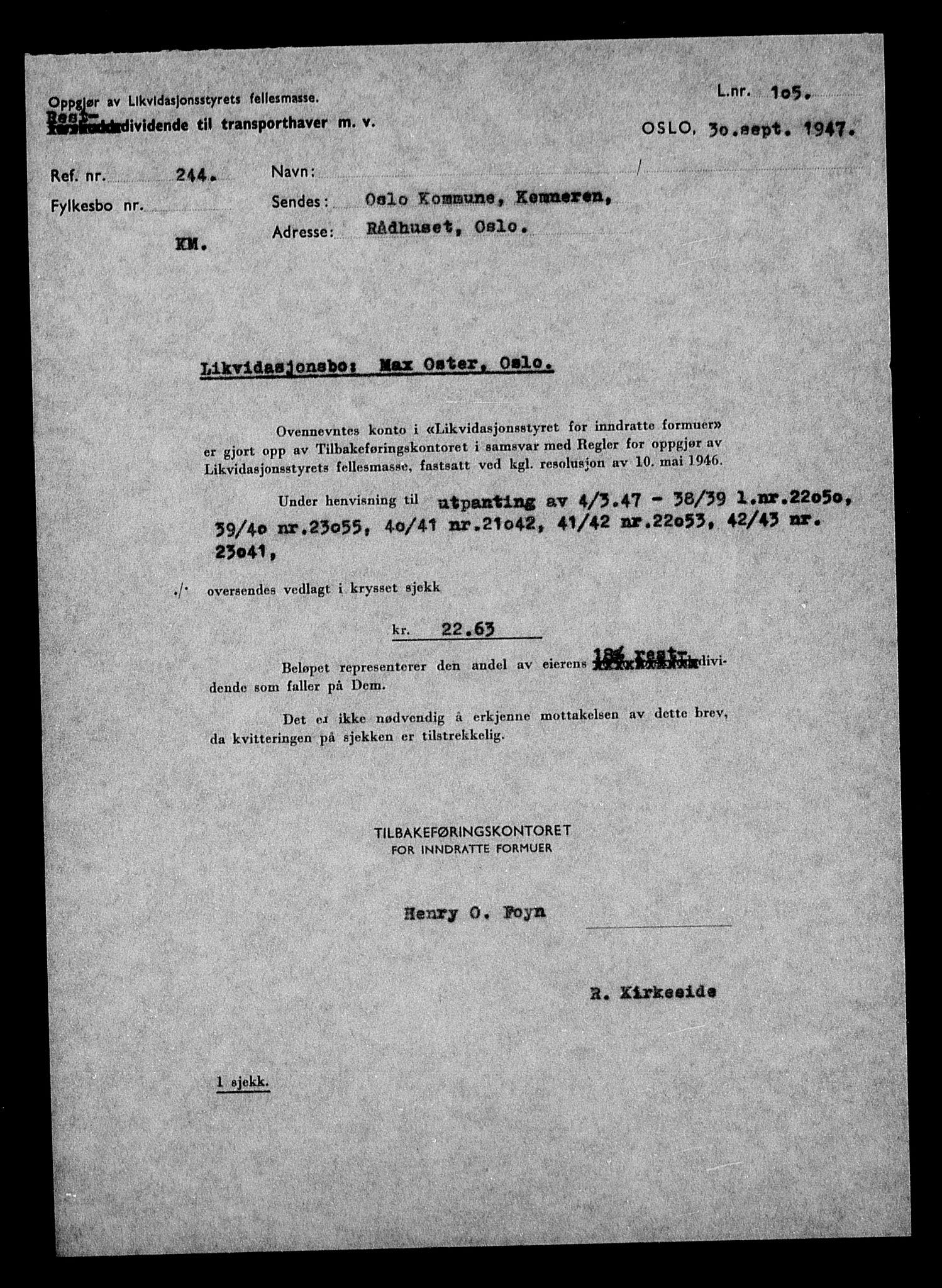 Justisdepartementet, Tilbakeføringskontoret for inndratte formuer, AV/RA-S-1564/H/Hc/Hcc/L0968: --, 1945-1947, p. 126