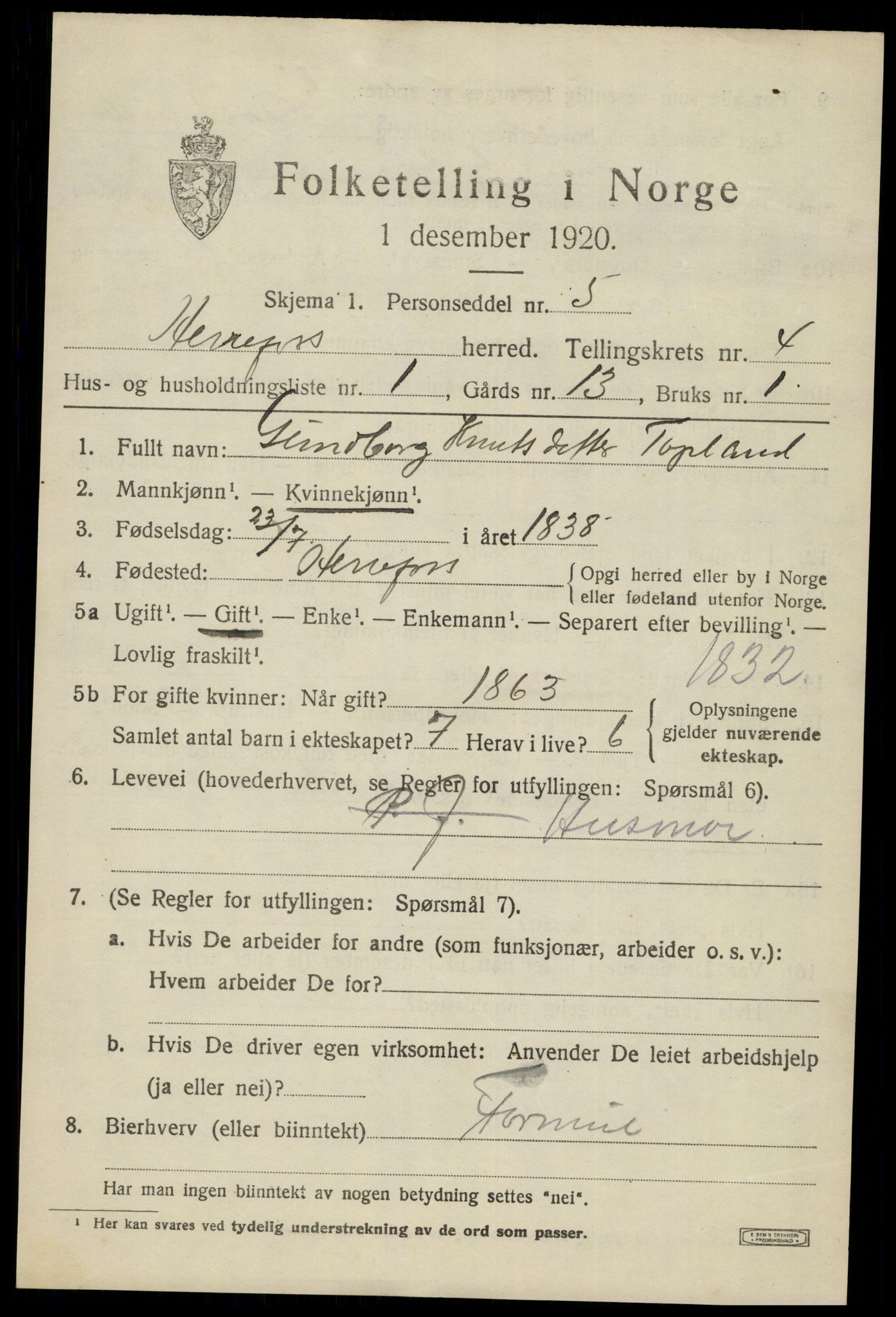 SAK, 1920 census for Herefoss, 1920, p. 786