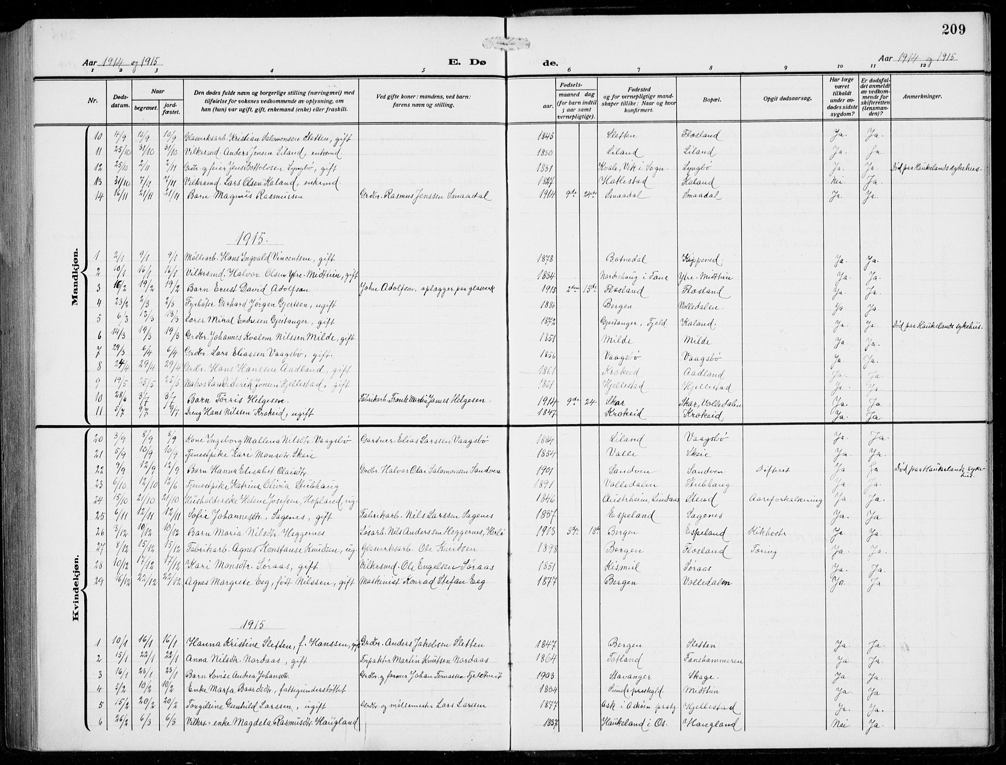 Fana Sokneprestembete, AV/SAB-A-75101/H/Hab/Haba/L0005: Parish register (copy) no. A 5, 1911-1932, p. 209