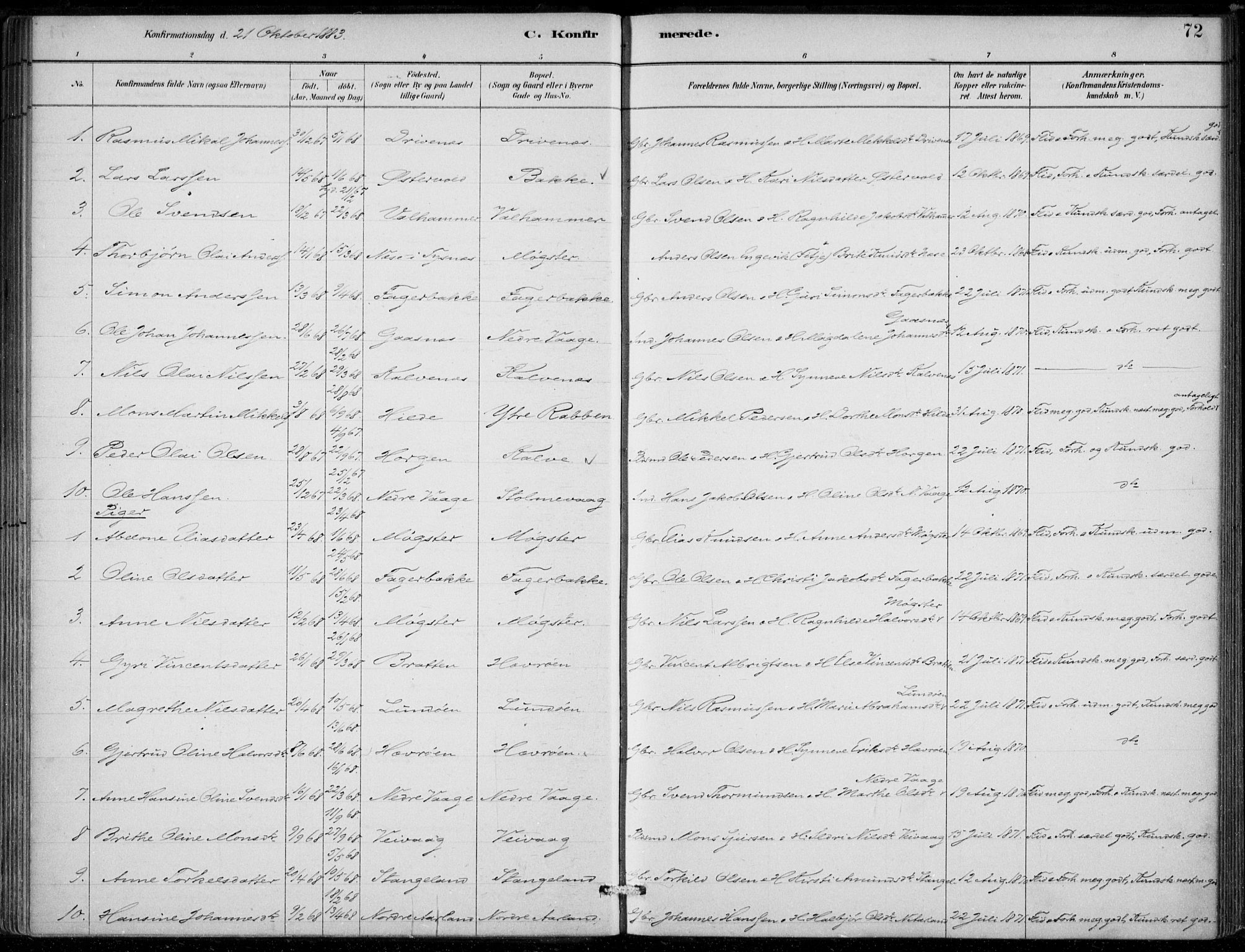 Sund sokneprestembete, AV/SAB-A-99930: Parish register (official) no. D 1, 1882-1899, p. 72