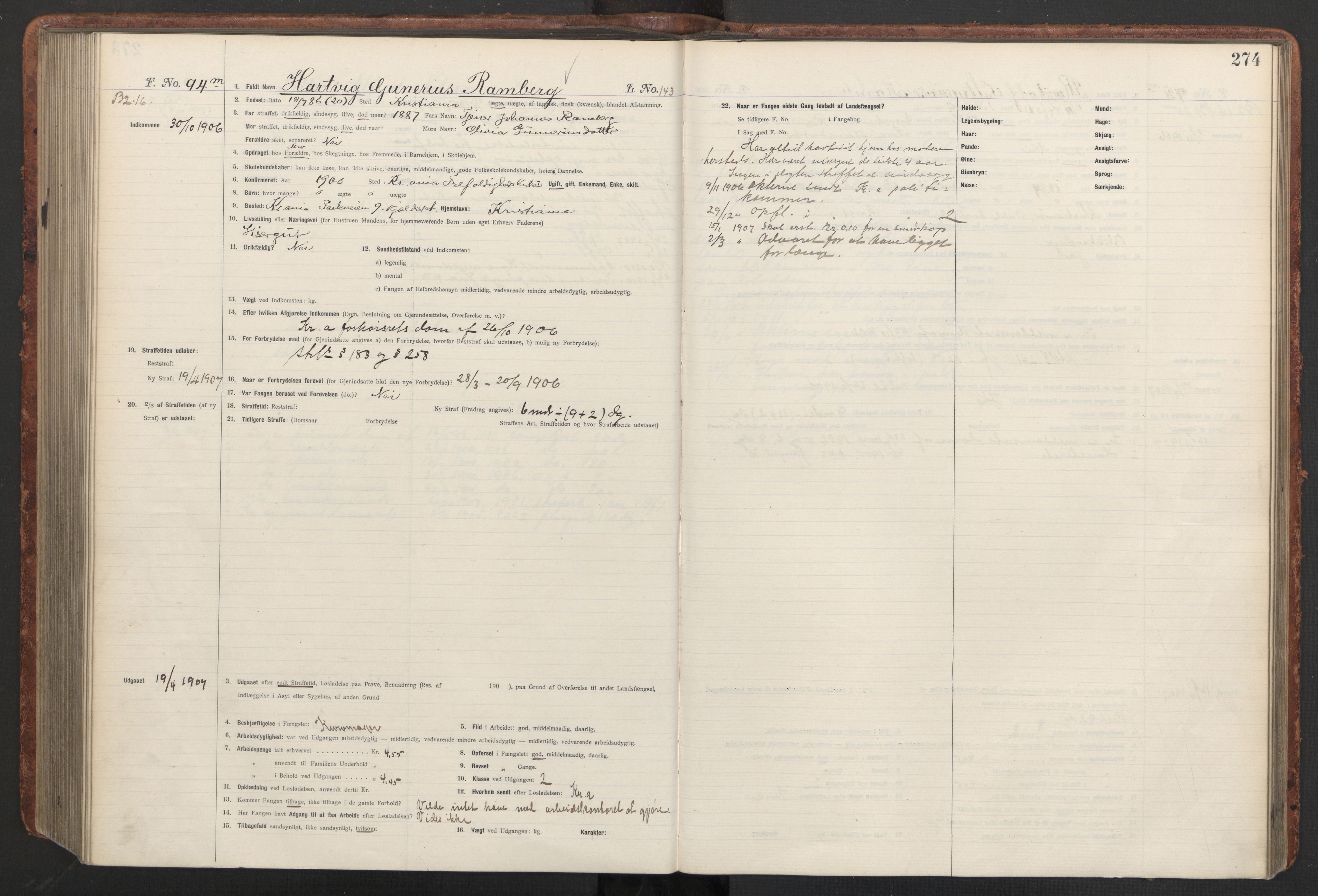 Botsfengslet, AV/RA-S-1539/D/Db/Dbb/L0040: 821l - 171m, 1905-1907, p. 274