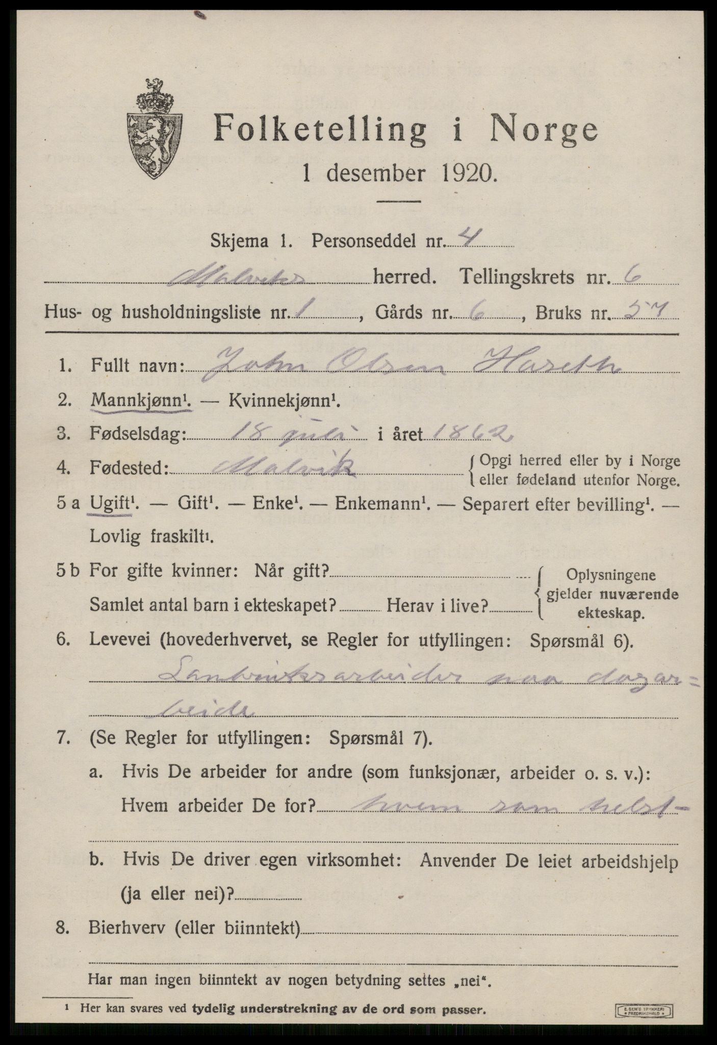 SAT, 1920 census for Malvik, 1920, p. 5330