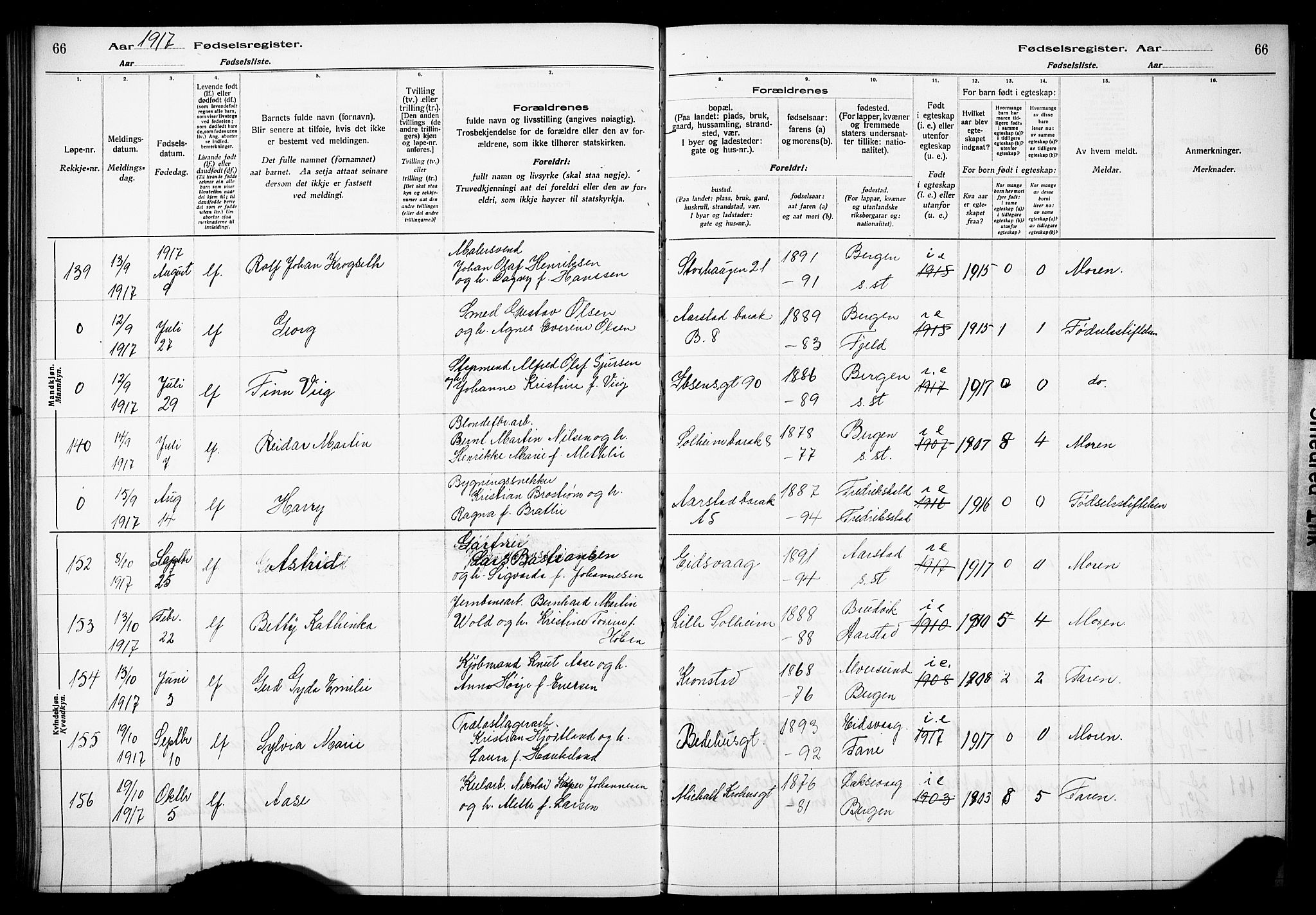 Årstad Sokneprestembete, SAB/A-79301/I/Id/L0A01: Birth register no. A 1, 1916-1920, p. 66