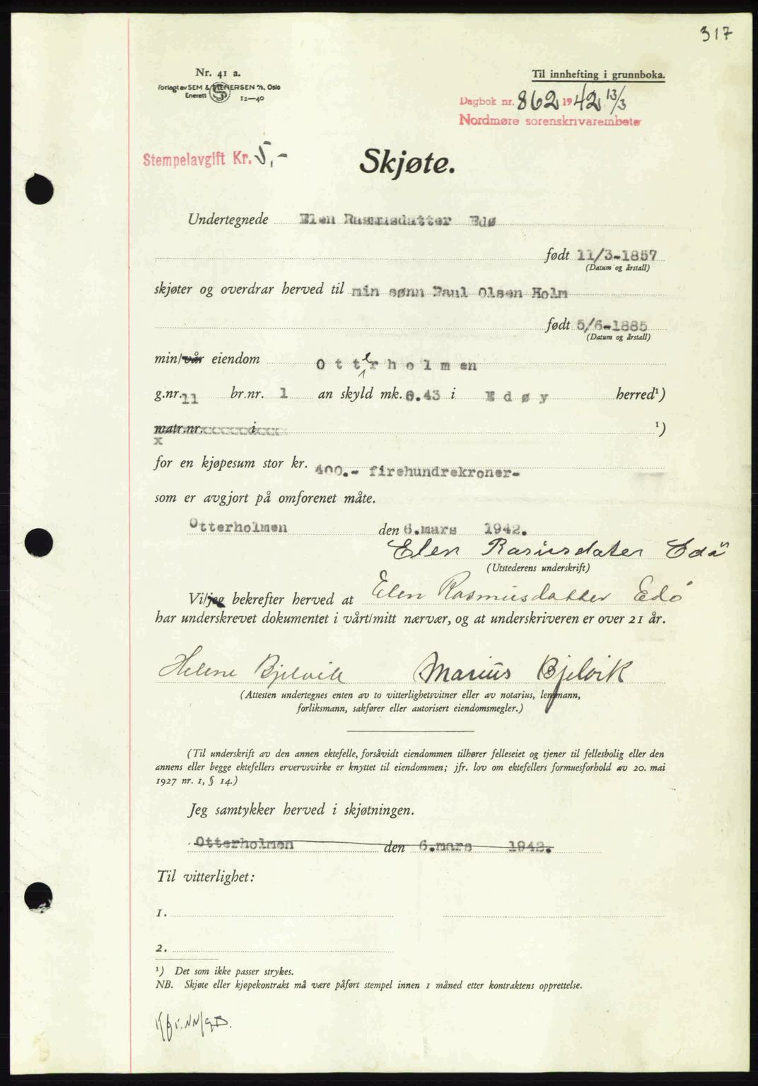 Nordmøre sorenskriveri, AV/SAT-A-4132/1/2/2Ca: Mortgage book no. A92, 1942-1942, Diary no: : 862/1942