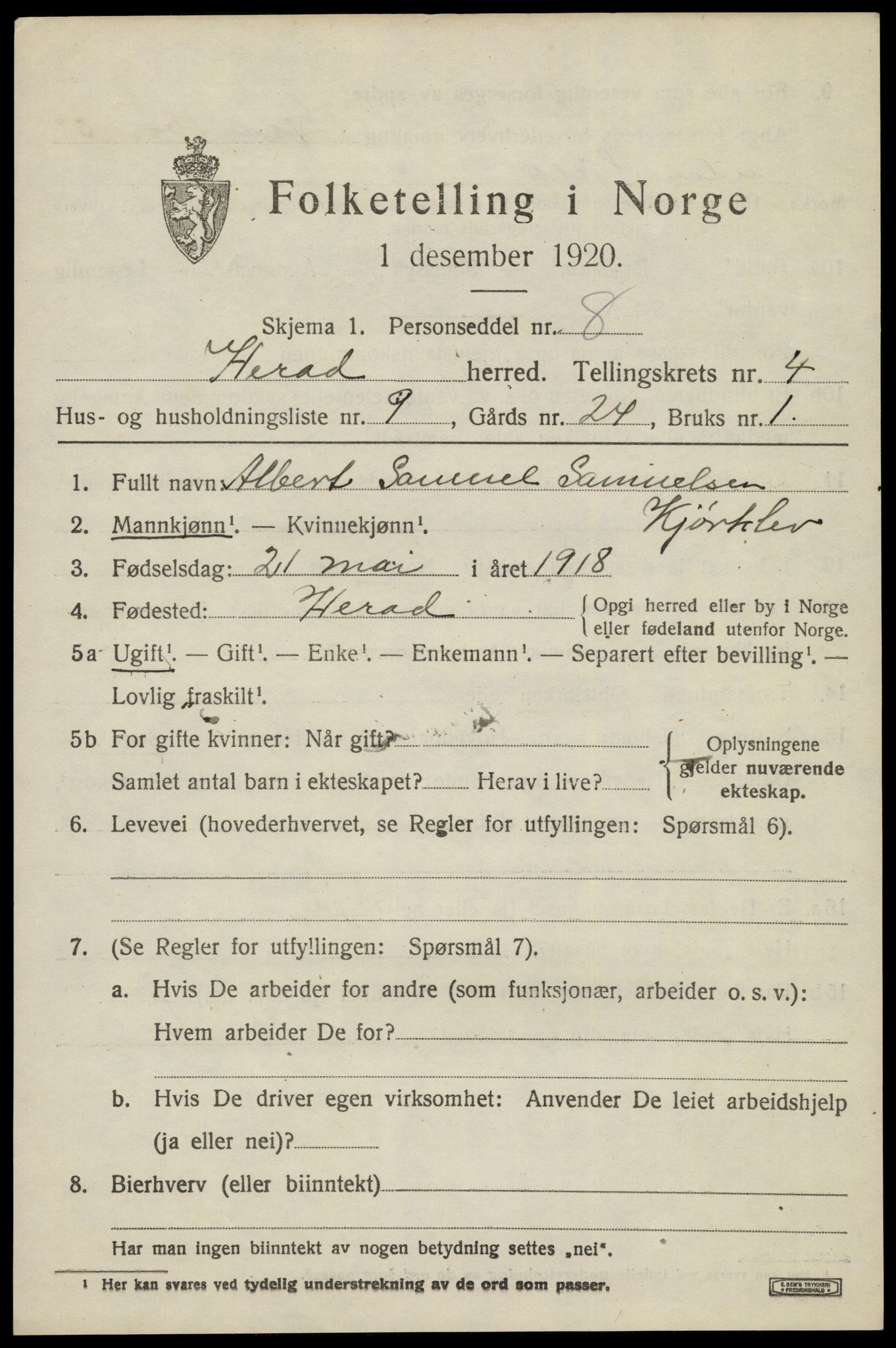SAK, 1920 census for Herad, 1920, p. 1760