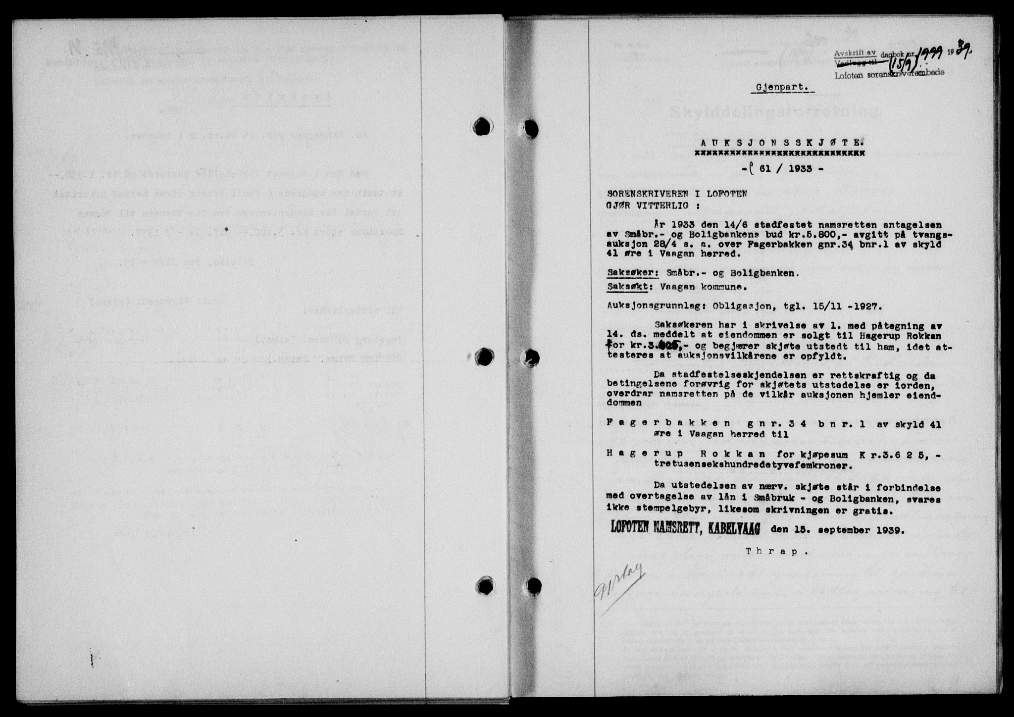Lofoten sorenskriveri, SAT/A-0017/1/2/2C/L0006a: Mortgage book no. 6a, 1939-1939, Diary no: : 1999/1939