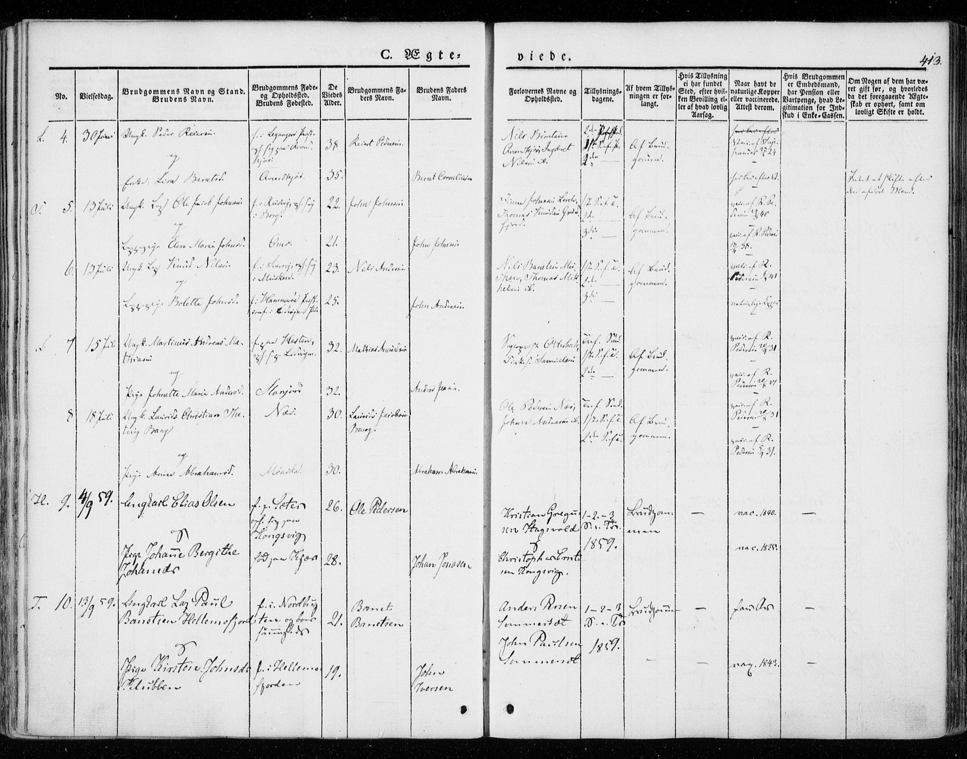 Ministerialprotokoller, klokkerbøker og fødselsregistre - Nordland, AV/SAT-A-1459/872/L1033: Parish register (official) no. 872A08, 1840-1863, p. 413