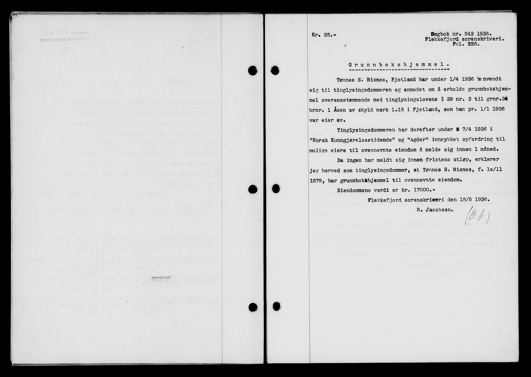 Flekkefjord sorenskriveri, SAK/1221-0001/G/Gb/Gba/L0053: Mortgage book no. A-1, 1936-1937, Diary no: : 243/1936