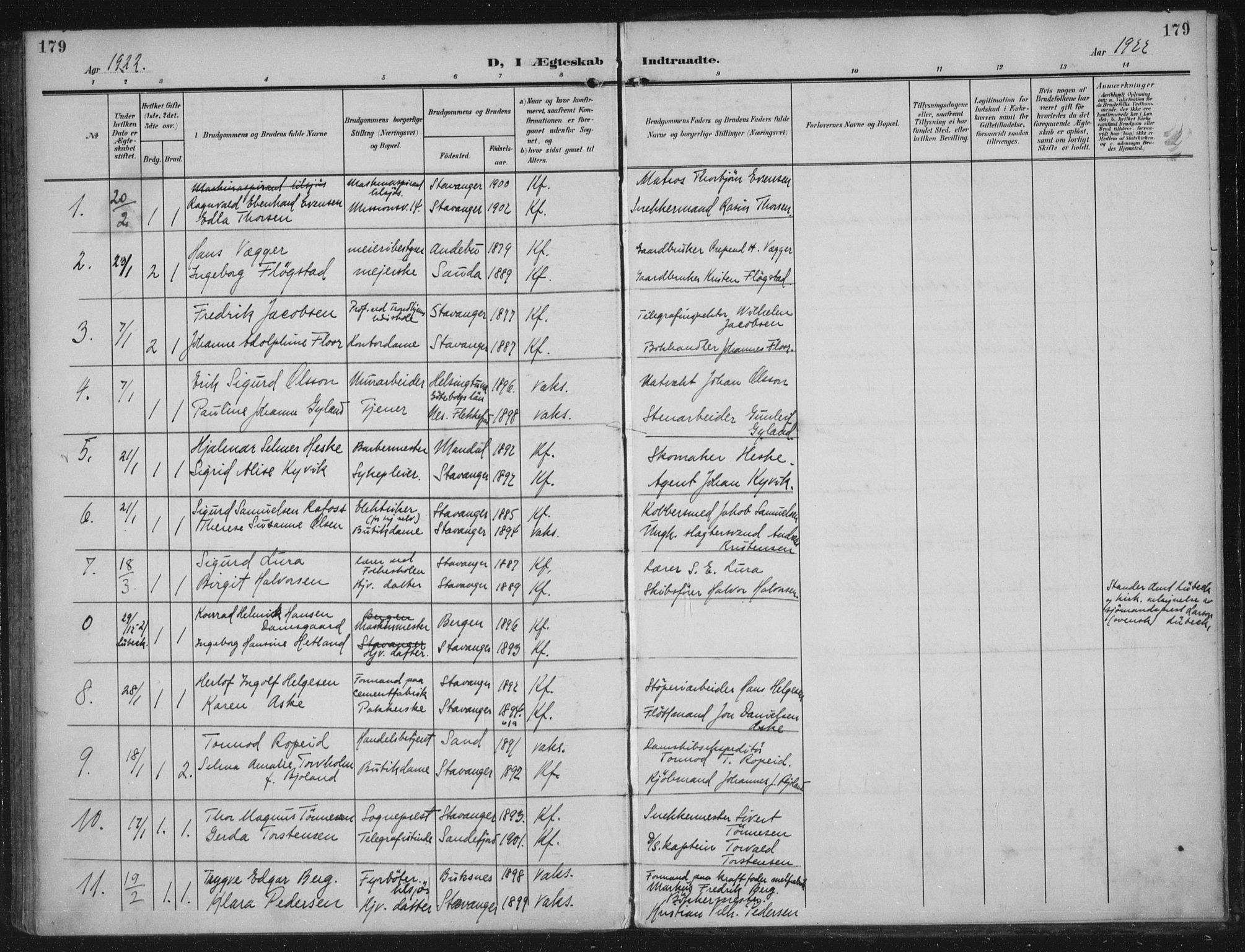 Domkirken sokneprestkontor, SAST/A-101812/002/A/L0016: Parish register (official) no. A 33, 1905-1922, p. 179