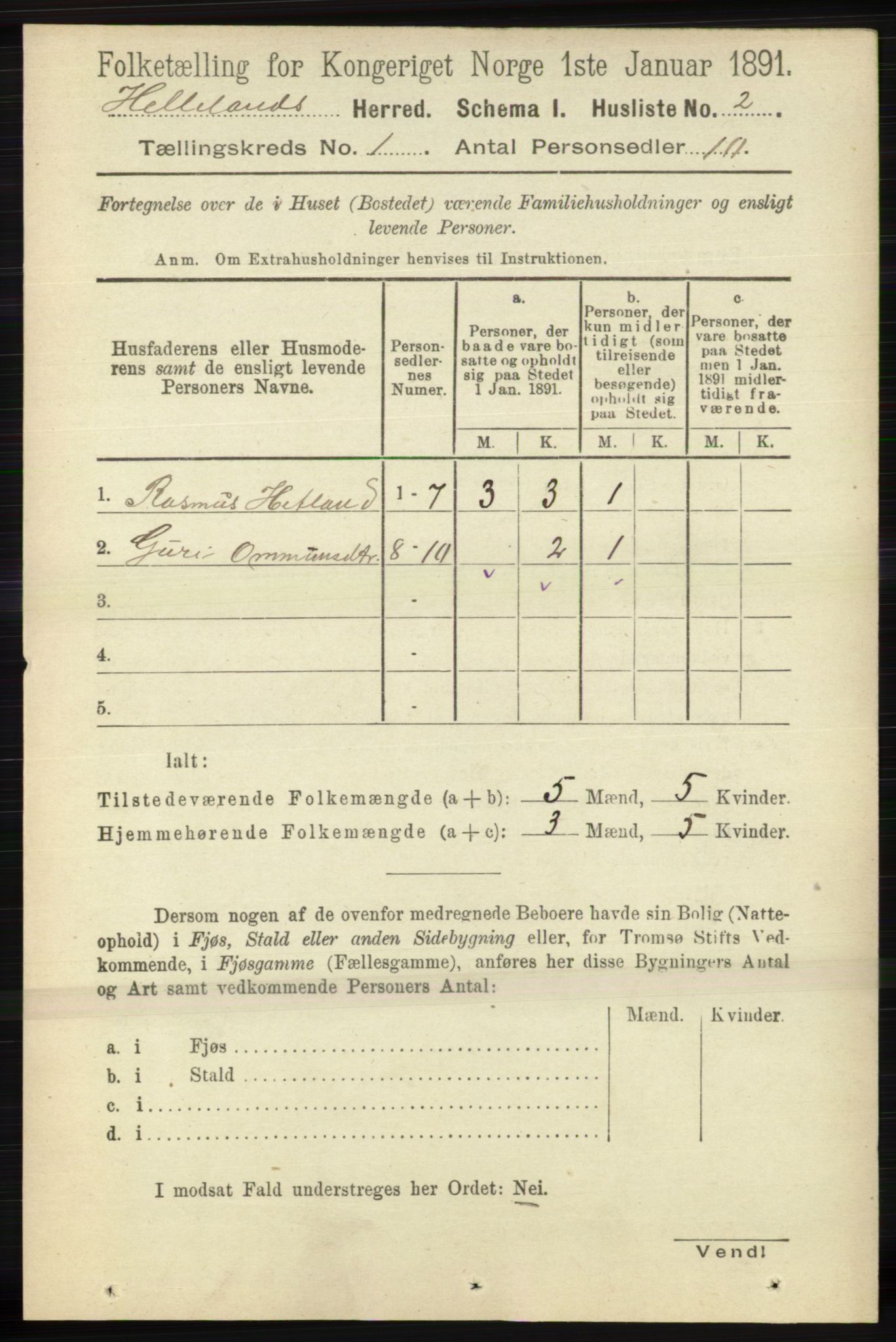 RA, 1891 census for 1115 Helleland, 1891, p. 15