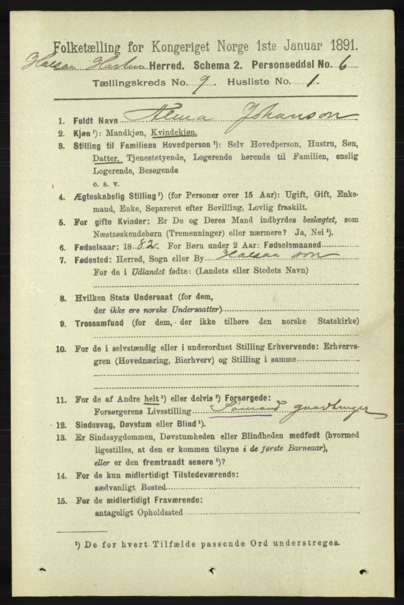 RA, 1891 census for 1019 Halse og Harkmark, 1891, p. 3598