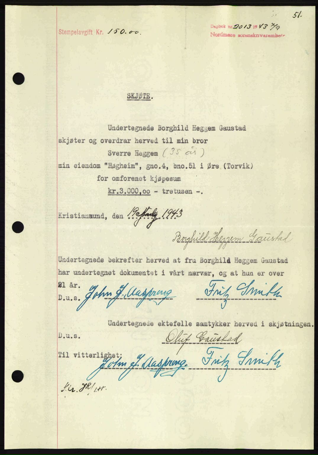 Nordmøre sorenskriveri, SAT/A-4132/1/2/2Ca: Mortgage book no. A96, 1943-1944, Diary no: : 2013/1943