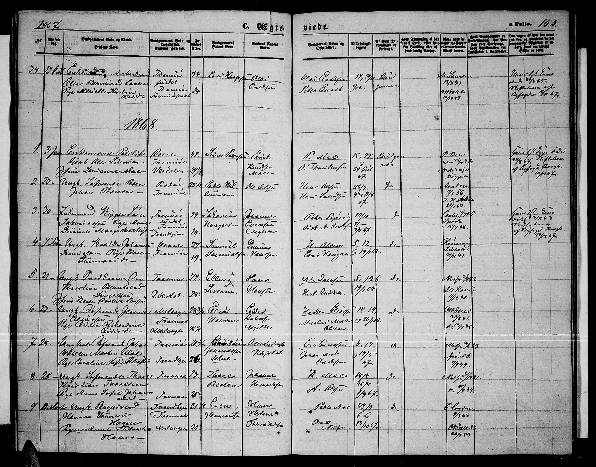 Tromsø sokneprestkontor/stiftsprosti/domprosti, AV/SATØ-S-1343/G/Gb/L0007klokker: Parish register (copy) no. 7, 1867-1875, p. 153