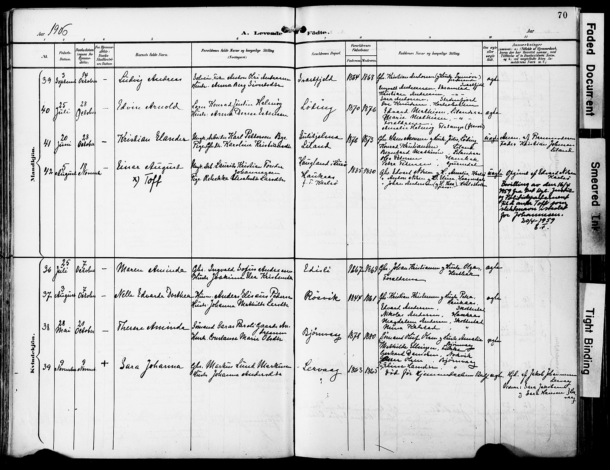 Ministerialprotokoller, klokkerbøker og fødselsregistre - Nordland, SAT/A-1459/859/L0848: Parish register (official) no. 859A08, 1900-1912, p. 70