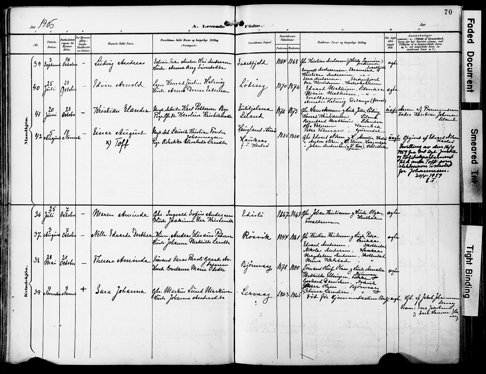 Ministerialprotokoller, klokkerbøker og fødselsregistre - Nordland, AV/SAT-A-1459/859/L0848: Parish register (official) no. 859A08, 1900-1912, p. 70