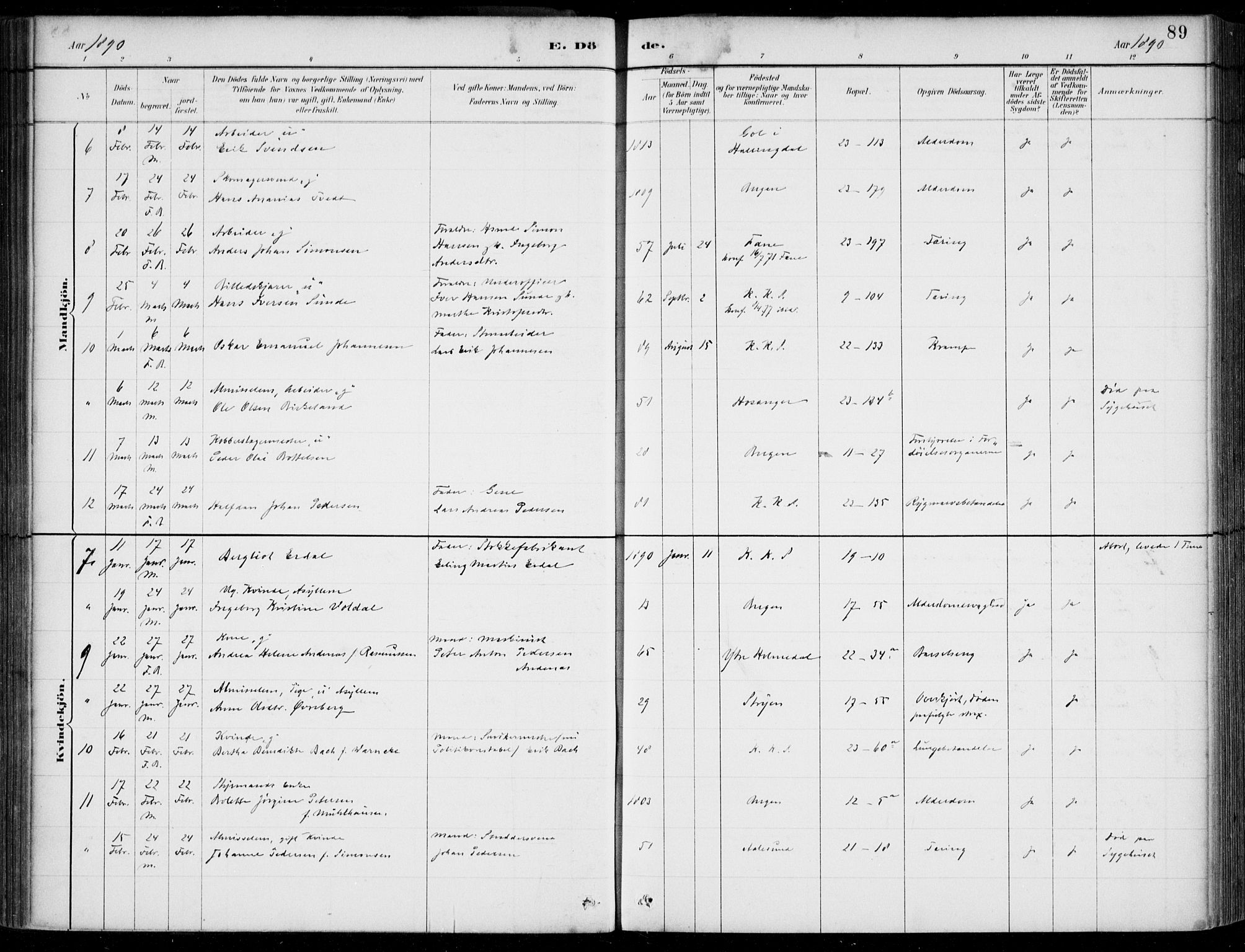 Korskirken sokneprestembete, AV/SAB-A-76101/H/Hab: Parish register (copy) no. E 4, 1884-1910, p. 89