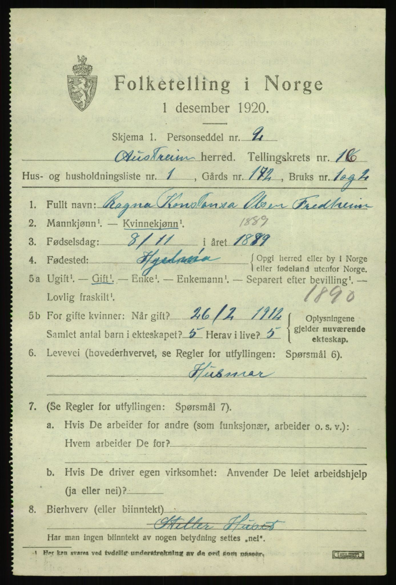SAB, 1920 census for Austrheim, 1920, p. 5102