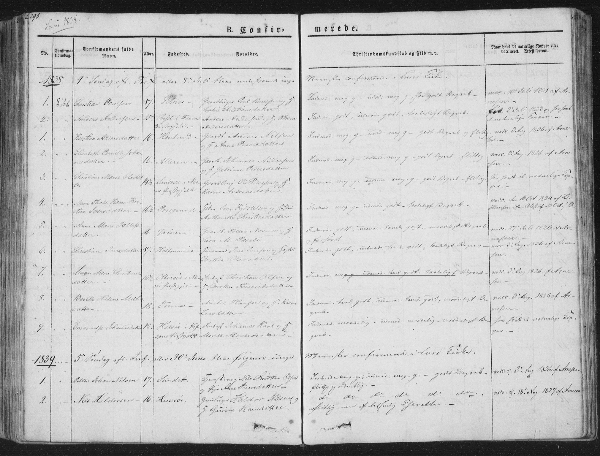 Ministerialprotokoller, klokkerbøker og fødselsregistre - Nordland, SAT/A-1459/839/L0565: Parish register (official) no. 839A02, 1825-1862, p. 295