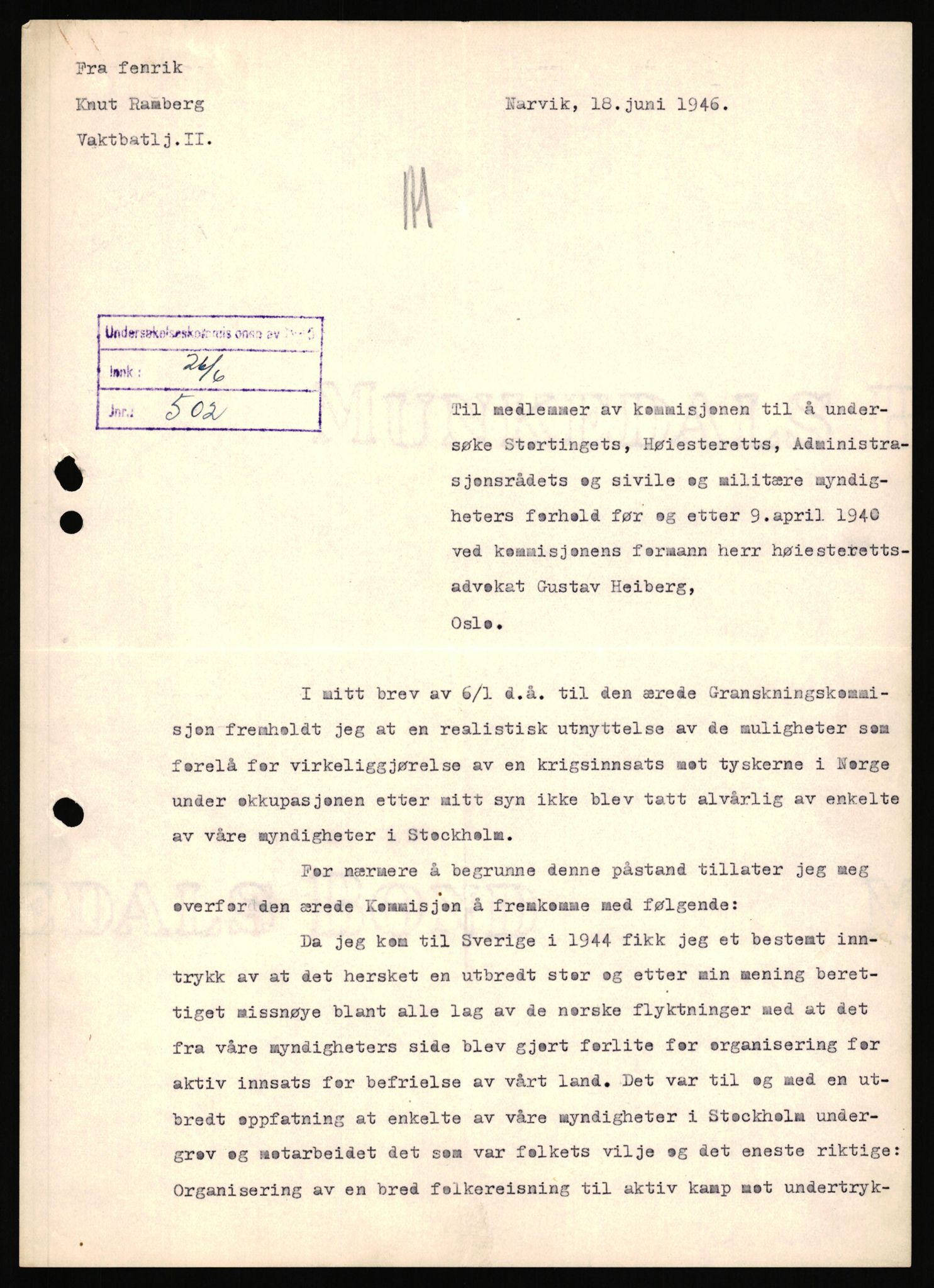 Undersøkelseskommisjonen av 1945, RA/S-1566/D/Db/L0021: Ramberg - Regjeringen under krigen, 1940-1946, p. 2