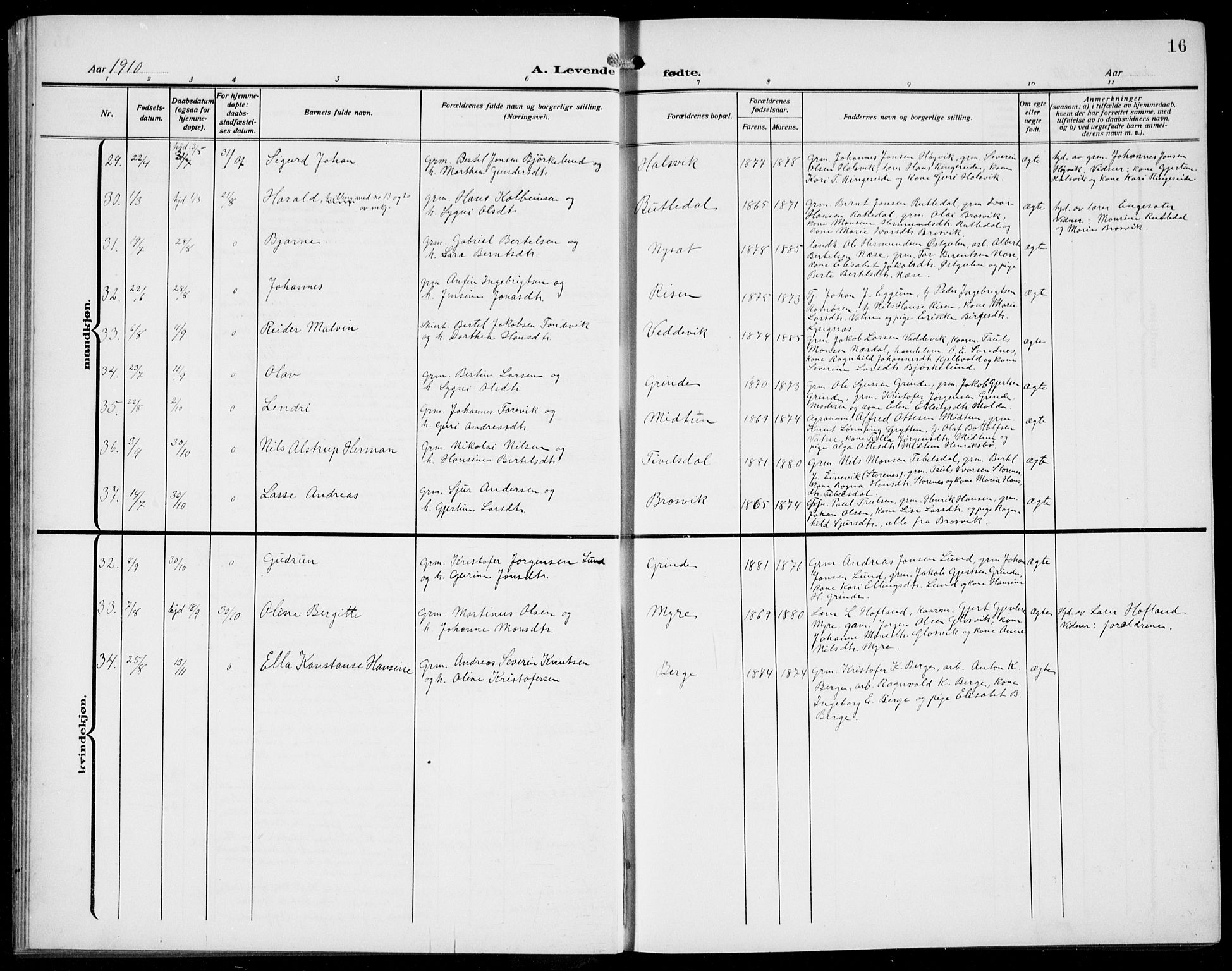 Gulen sokneprestembete, AV/SAB-A-80201/H/Hab/Habb/L0004: Parish register (copy) no. B 4, 1908-1936, p. 16