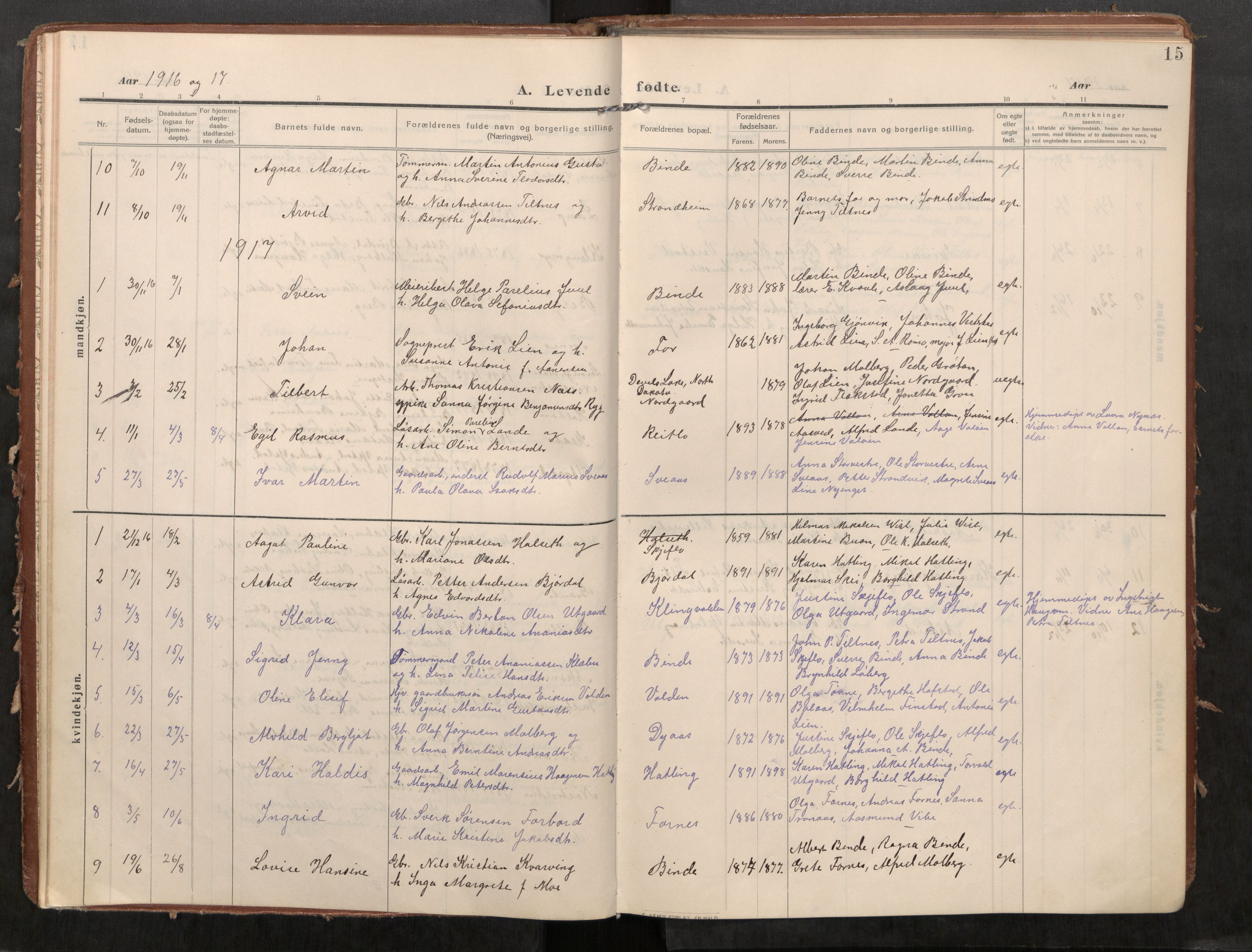 Stod sokneprestkontor, AV/SAT-A-1164/1/I/I1/I1a/L0002: Parish register (official) no. 2, 1909-1922, p. 15