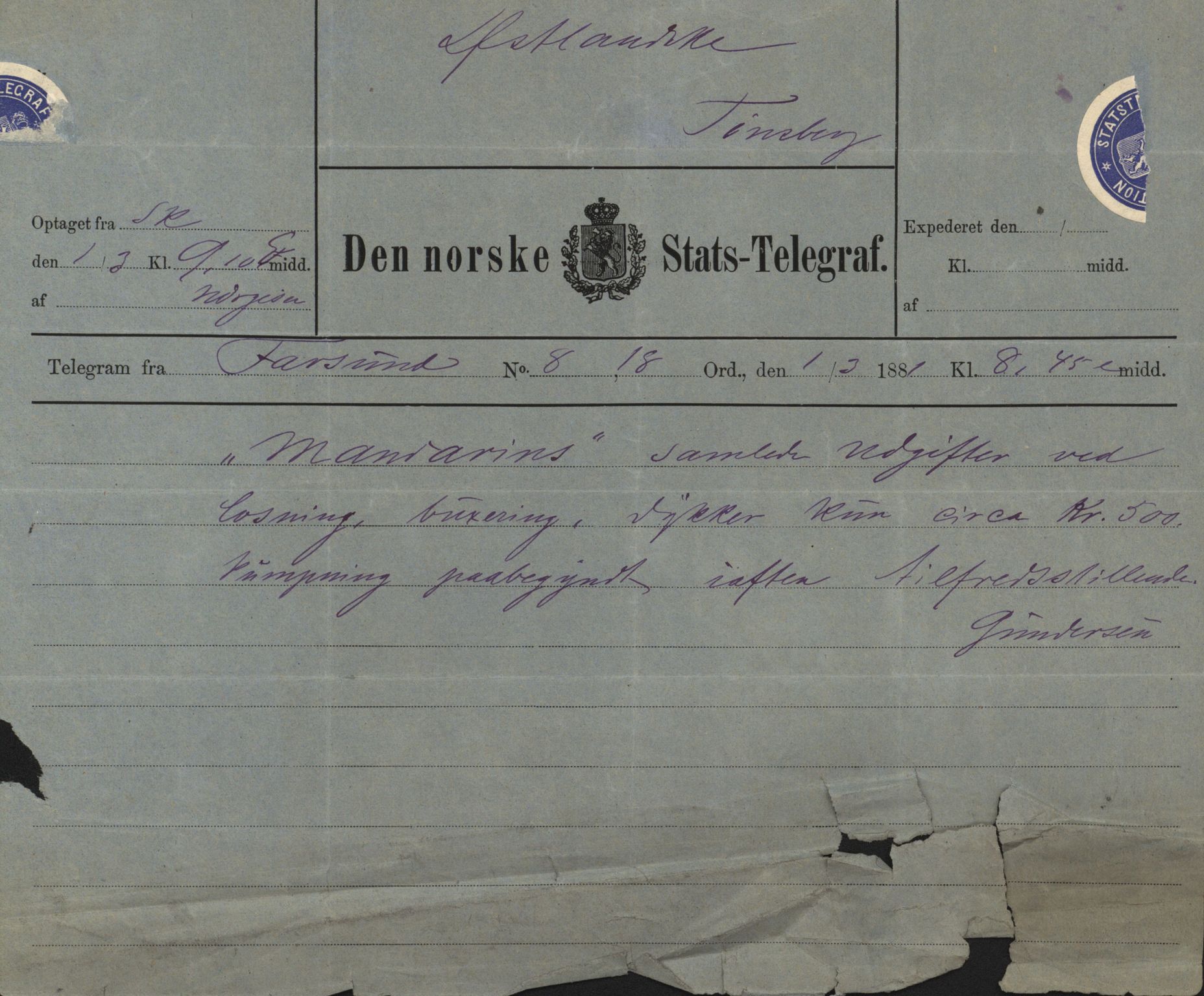 Pa 63 - Østlandske skibsassuranceforening, VEMU/A-1079/G/Ga/L0014/0002: Havaridokumenter / Mjølner, Minerva, Mandarin, Mexico, 1881, p. 18