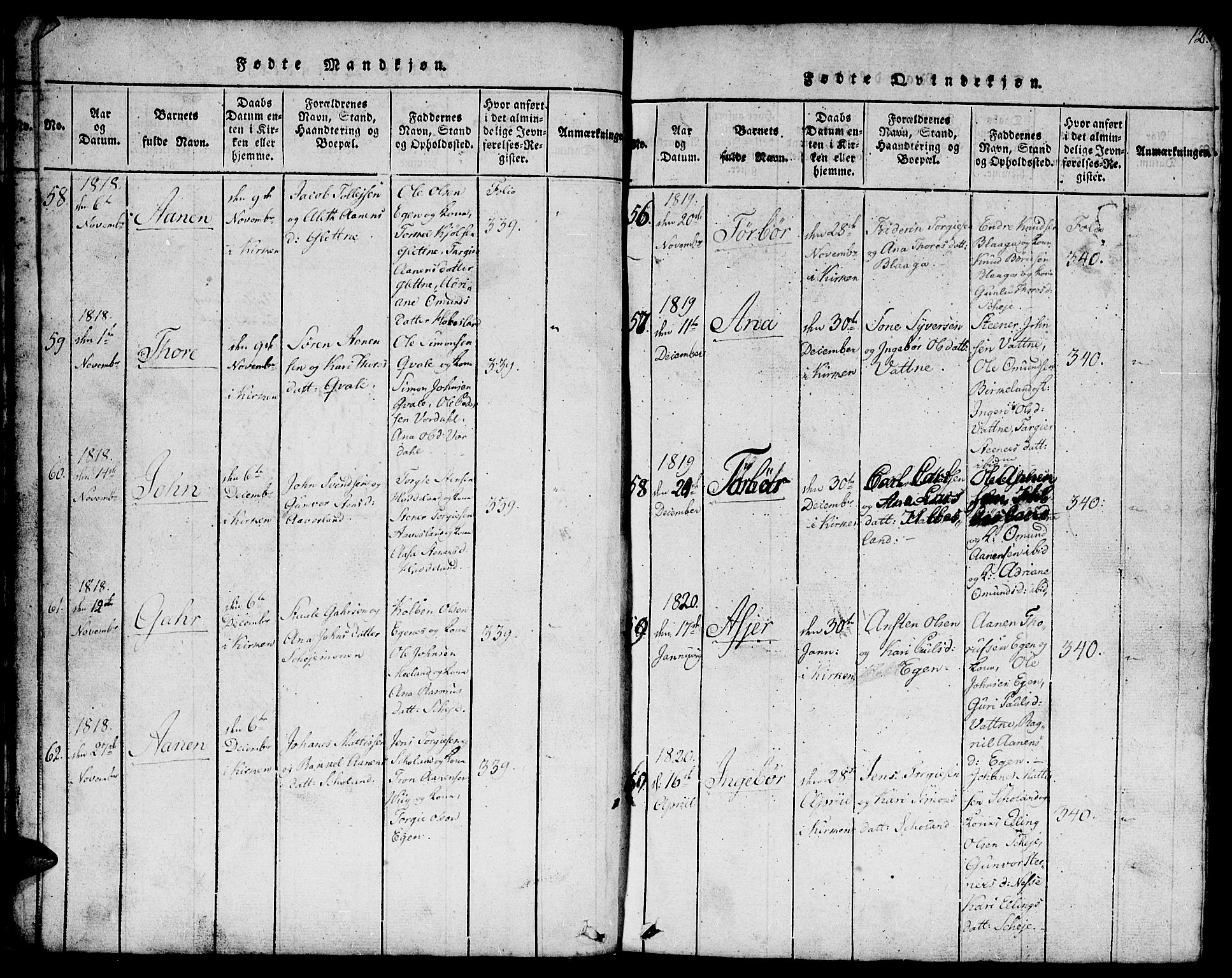 Hægebostad sokneprestkontor, SAK/1111-0024/F/Fb/Fbb/L0001: Parish register (copy) no. B 1, 1816-1850, p. 12