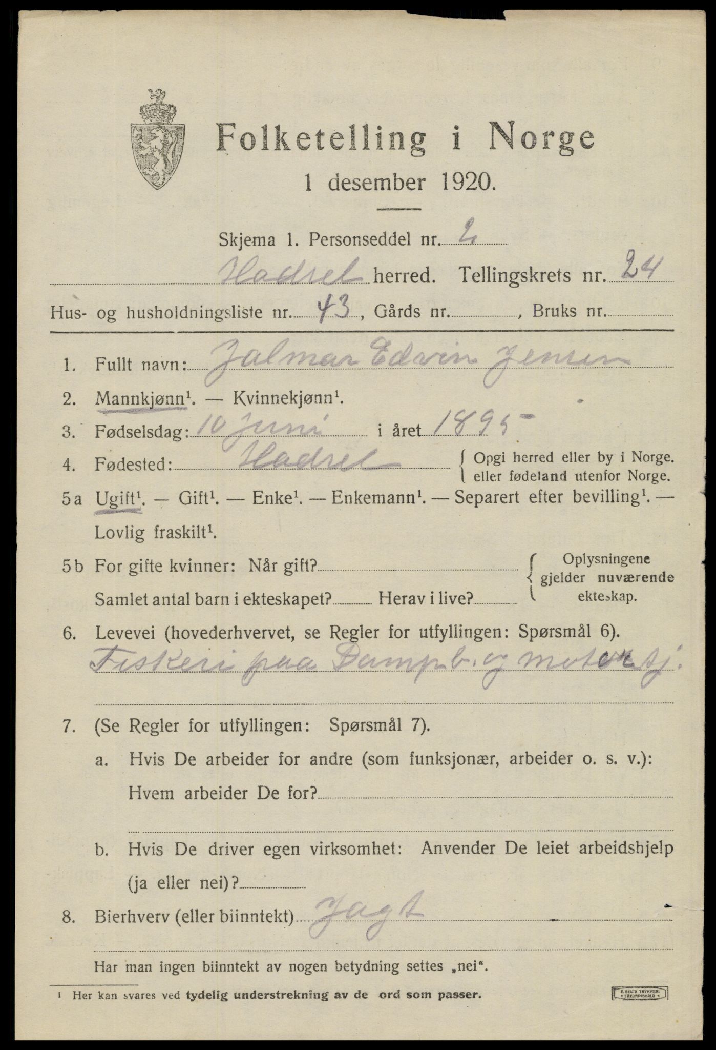 SAT, 1920 census for Hadsel, 1920, p. 21916