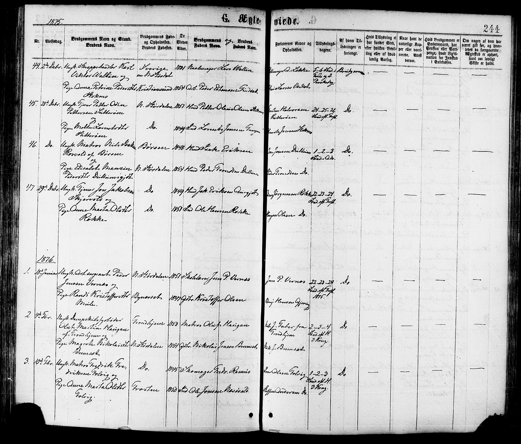 Ministerialprotokoller, klokkerbøker og fødselsregistre - Nord-Trøndelag, SAT/A-1458/709/L0076: Parish register (official) no. 709A16, 1871-1879, p. 244
