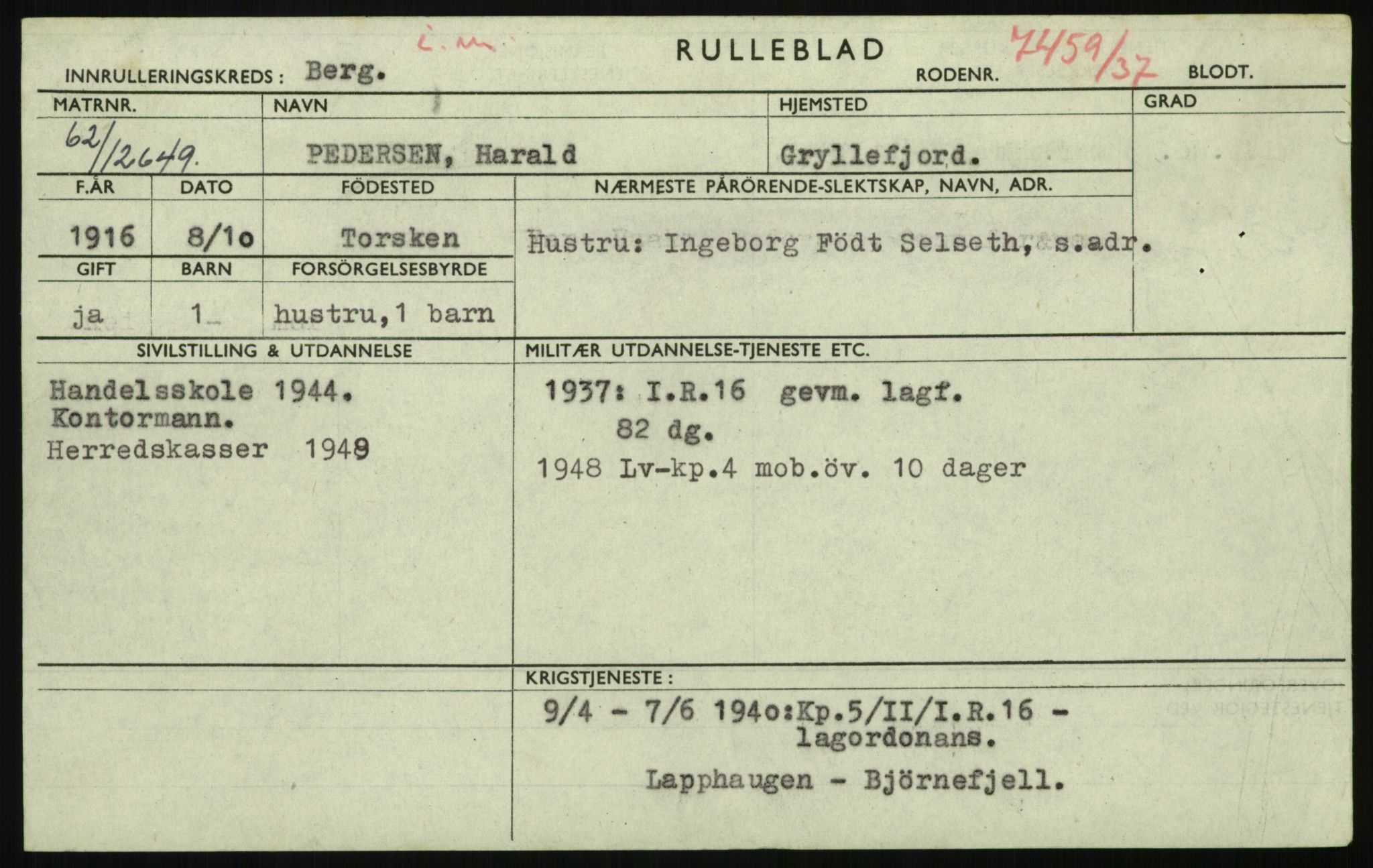 Forsvaret, Troms infanteriregiment nr. 16, AV/RA-RAFA-3146/P/Pa/L0021: Rulleblad for regimentets menige mannskaper, årsklasse 1937, 1937, p. 1001