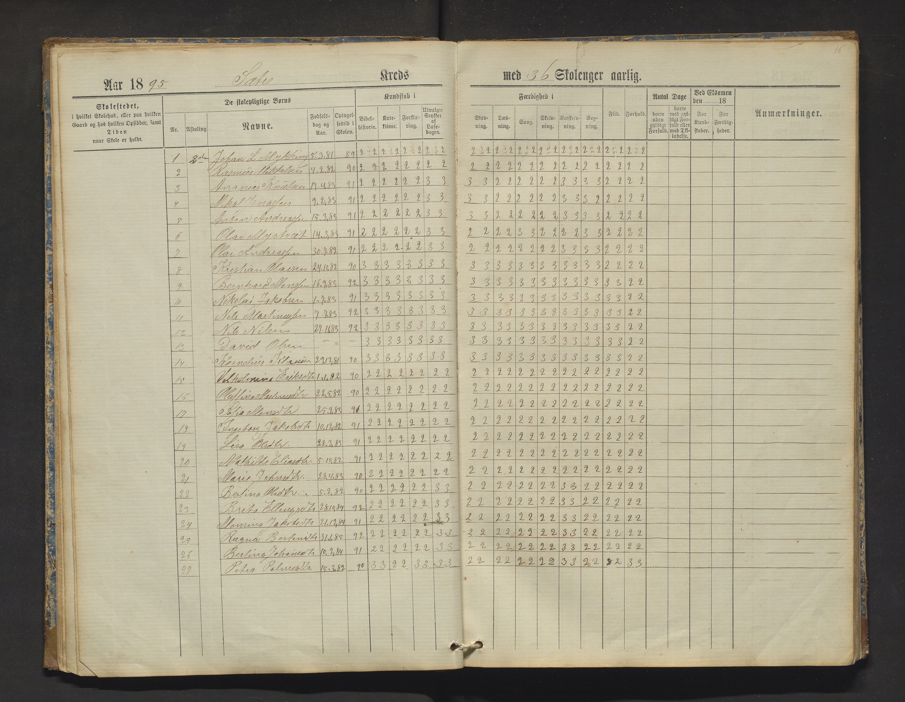 Manger kommune. Barneskulane, IKAH/1261-231/F/Fa/L0002: Skuleprotokoll for Toska, Manger, Dalland, Lilletvedt, Sætre og Helle krinsar , 1882-1916, p. 16