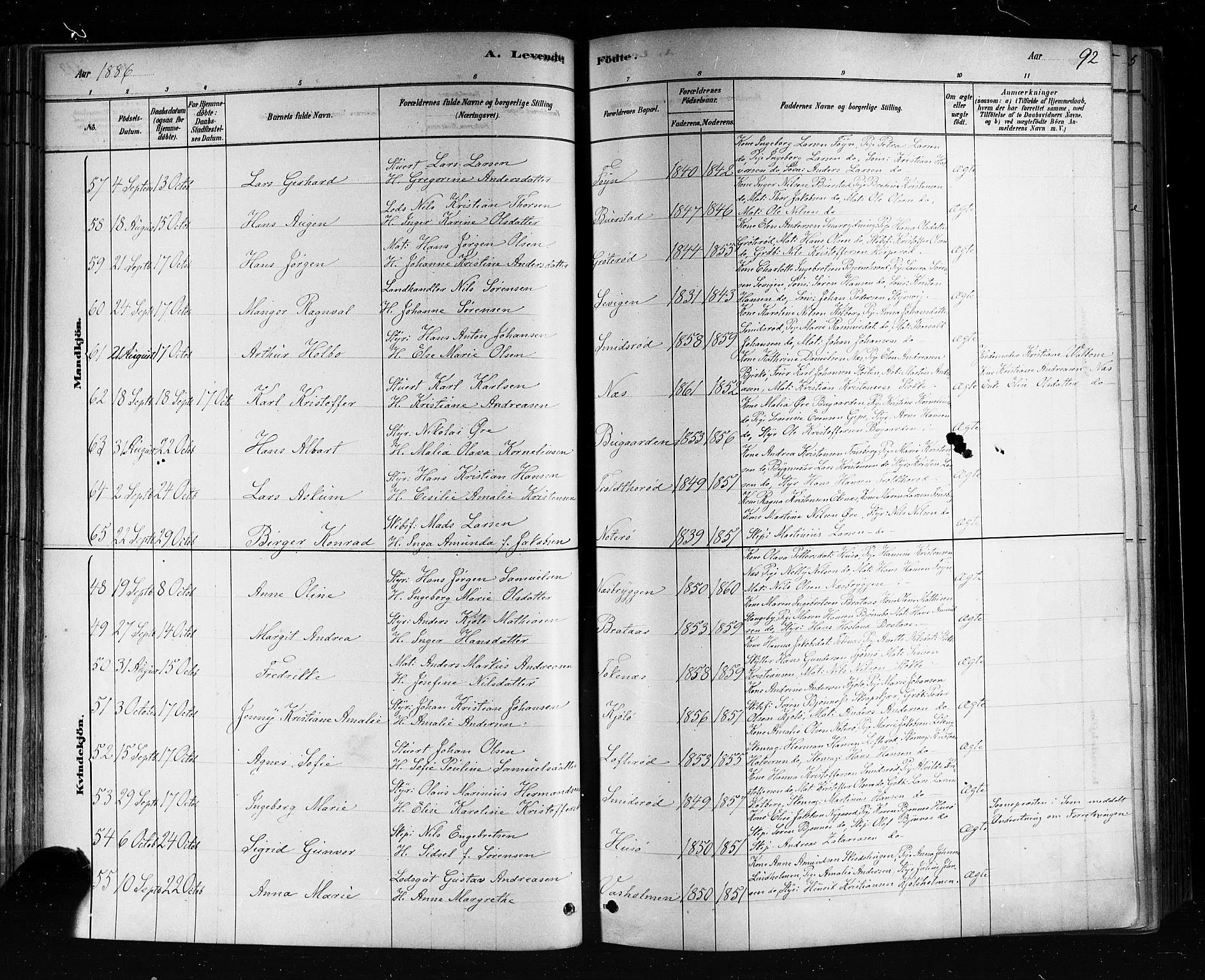 Nøtterøy kirkebøker, AV/SAKO-A-354/F/Fa/L0008: Parish register (official) no. I 8, 1878-1893, p. 92