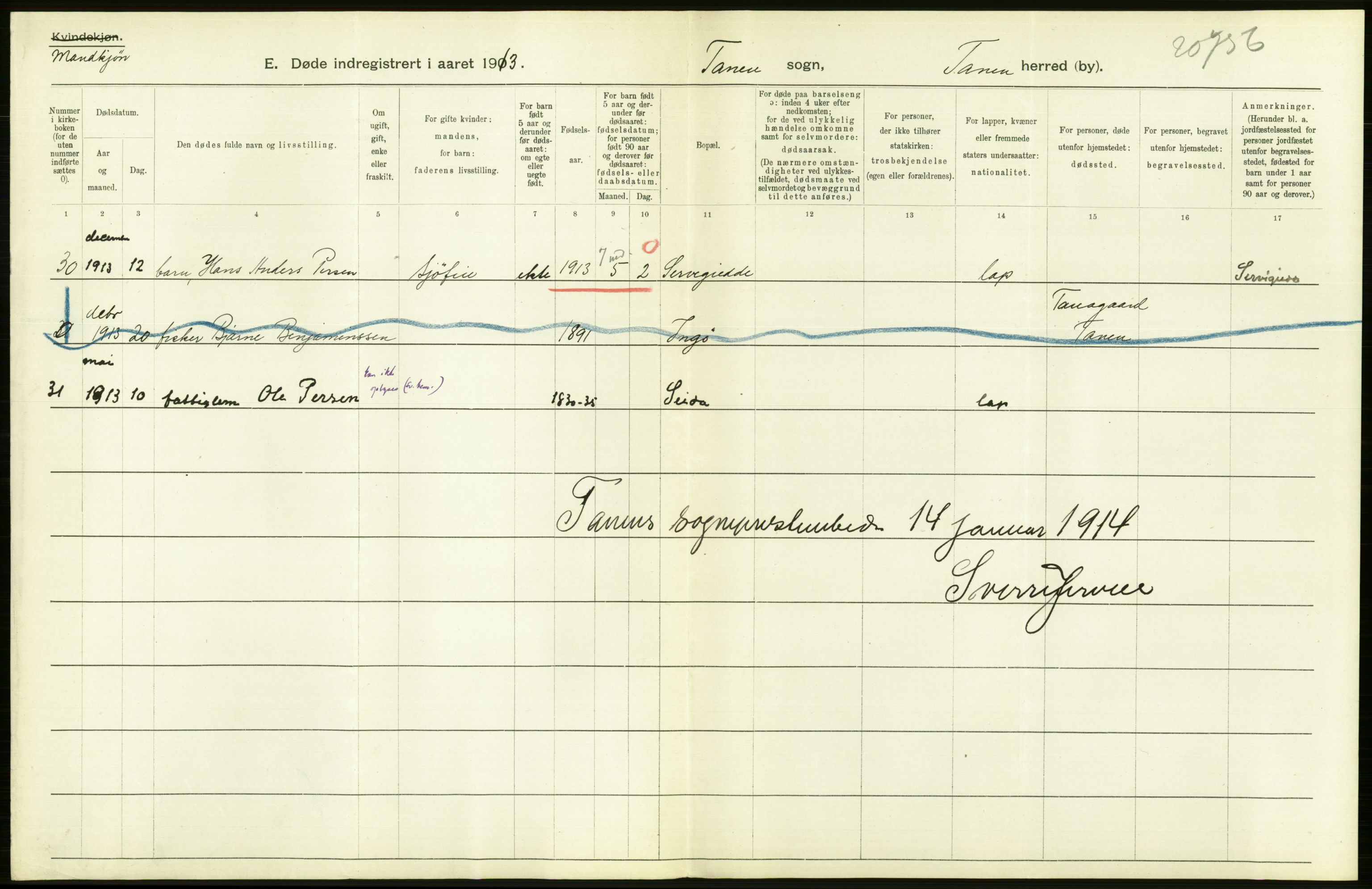 Statistisk sentralbyrå, Sosiodemografiske emner, Befolkning, AV/RA-S-2228/D/Df/Dfb/Dfbc/L0048: Finnmarkens amt: Levendefødte menn og kvinner, gifte, døde, dødfødte. Bygder og byer., 1913, p. 226