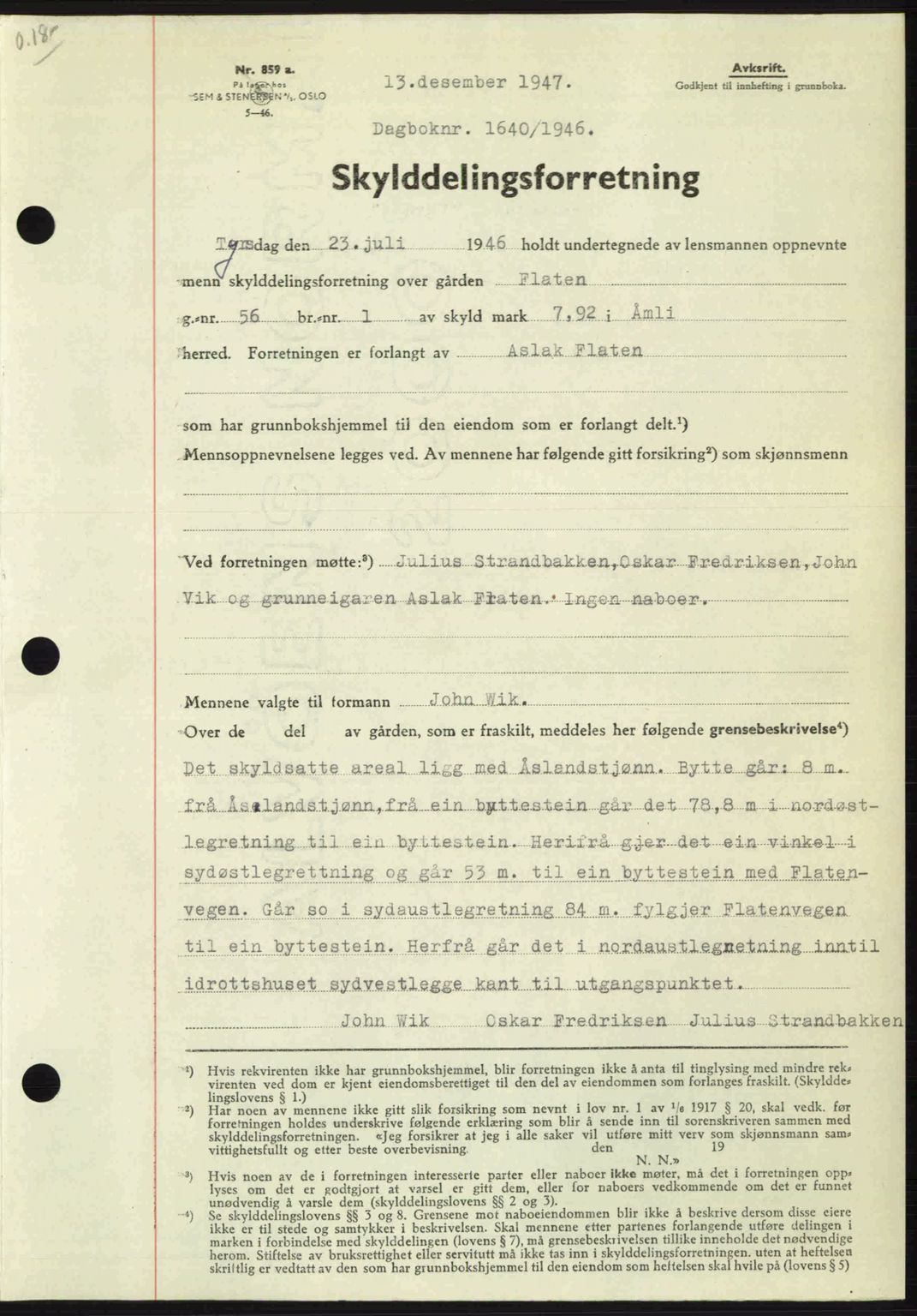 Nedenes sorenskriveri, SAK/1221-0006/G/Gb/Gba/L0056: Mortgage book no. A8, 1946-1947, Diary no: : 1640/1946
