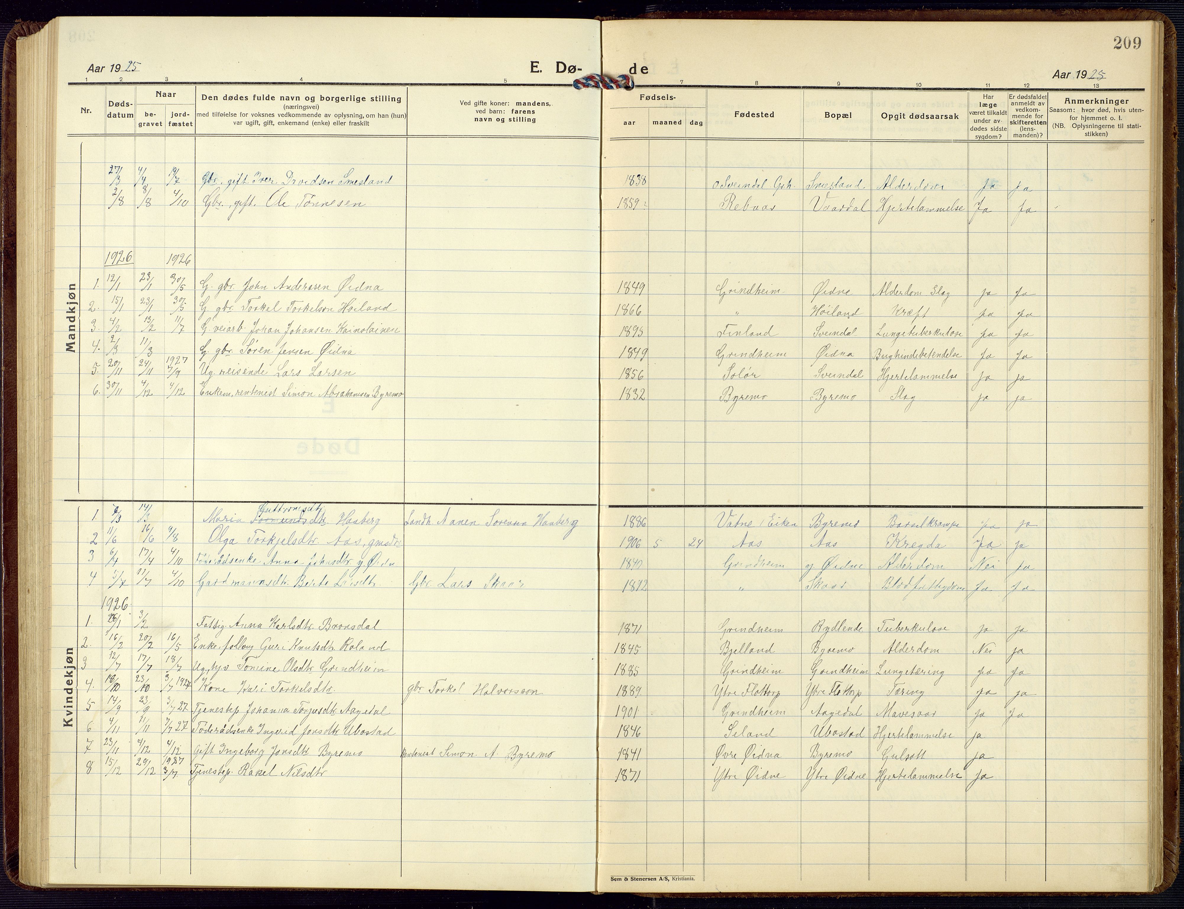 Bjelland sokneprestkontor, SAK/1111-0005/F/Fb/Fbc/L0004: Parish register (copy) no. B 4, 1921-1978, p. 209