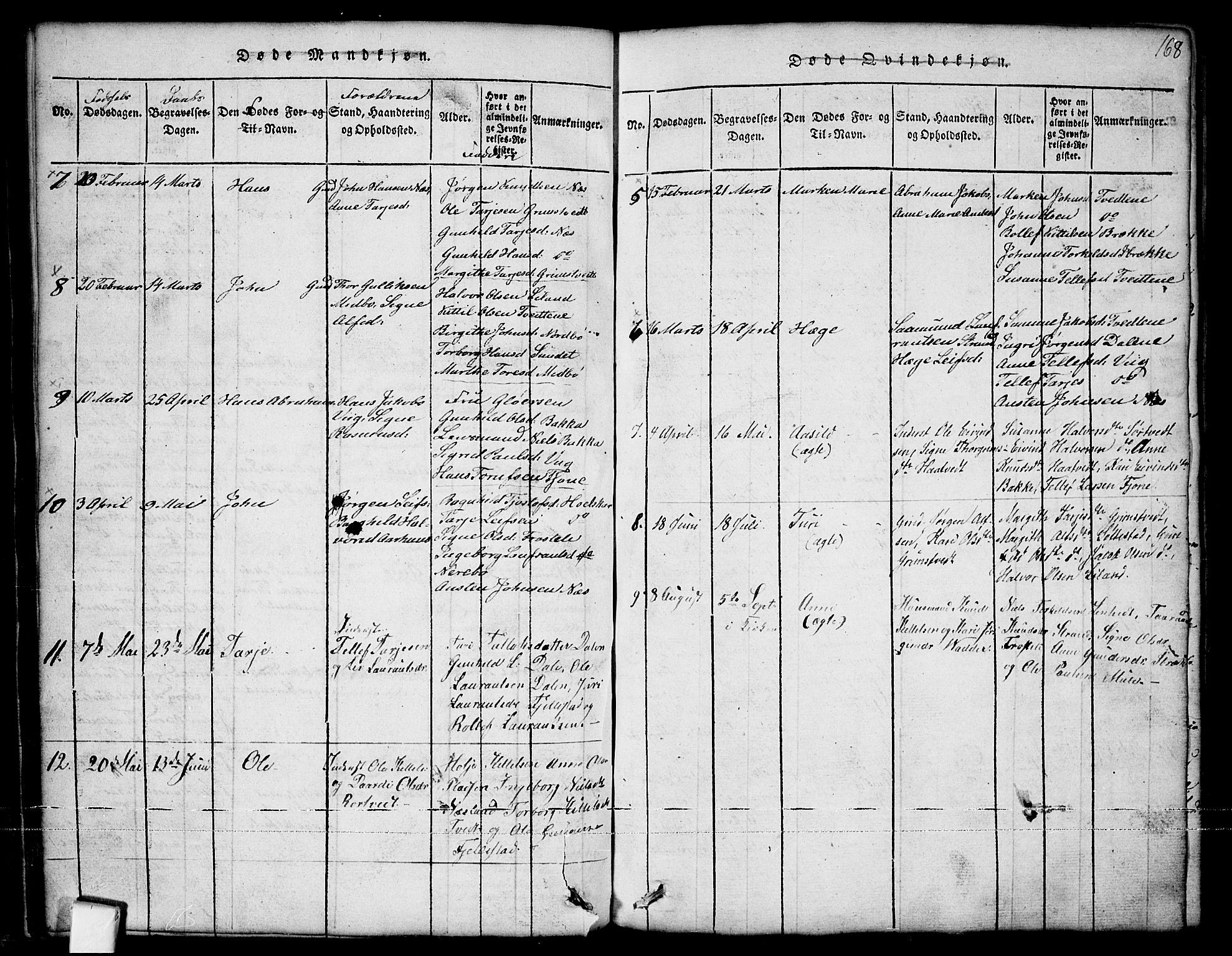 Nissedal kirkebøker, SAKO/A-288/G/Ga/L0001: Parish register (copy) no. I 1, 1814-1860, p. 168
