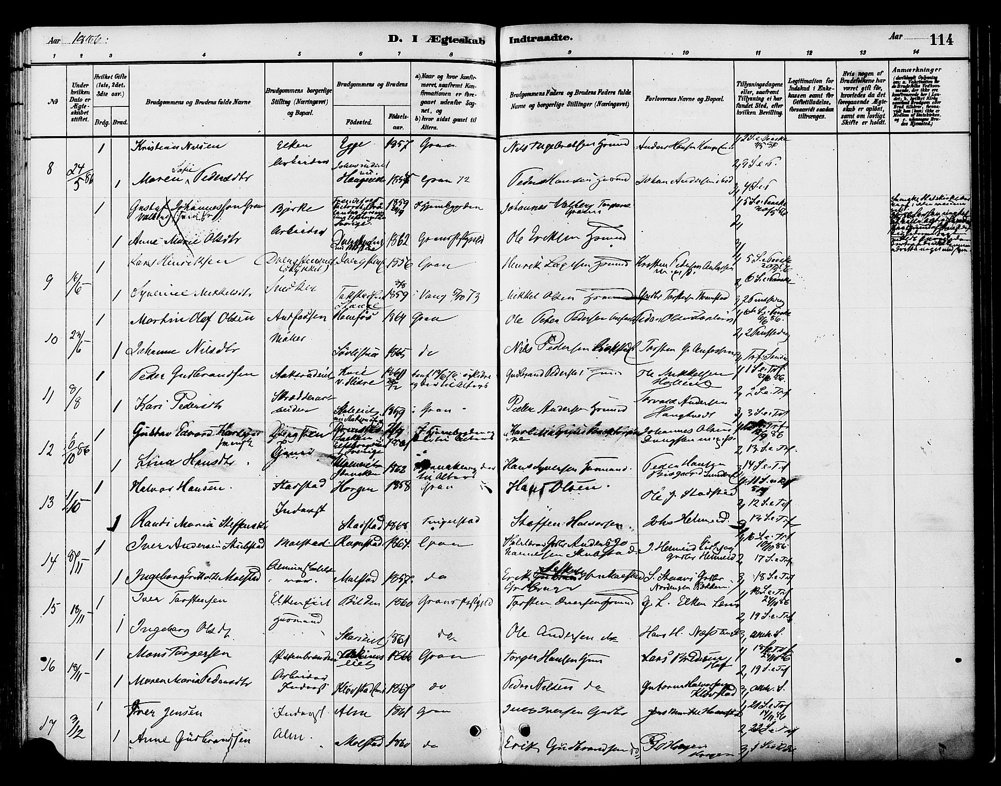 Gran prestekontor, SAH/PREST-112/H/Ha/Haa/L0016: Parish register (official) no. 16, 1880-1888, p. 114