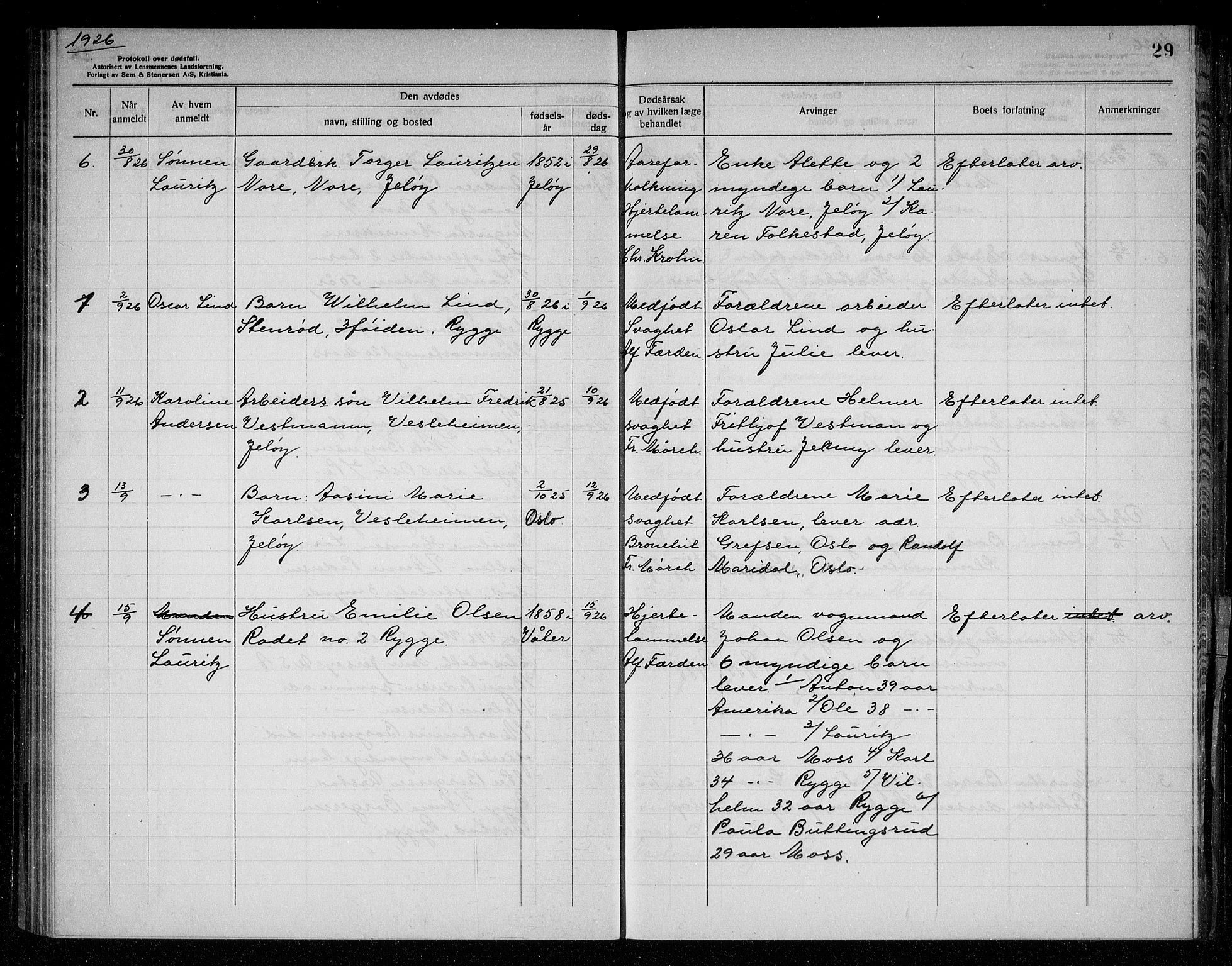 Rygge lensmannskontor, AV/SAO-A-10005/H/Ha/Haa/L0008: Dødsfallsprotokoll, 1925-1929, p. 29