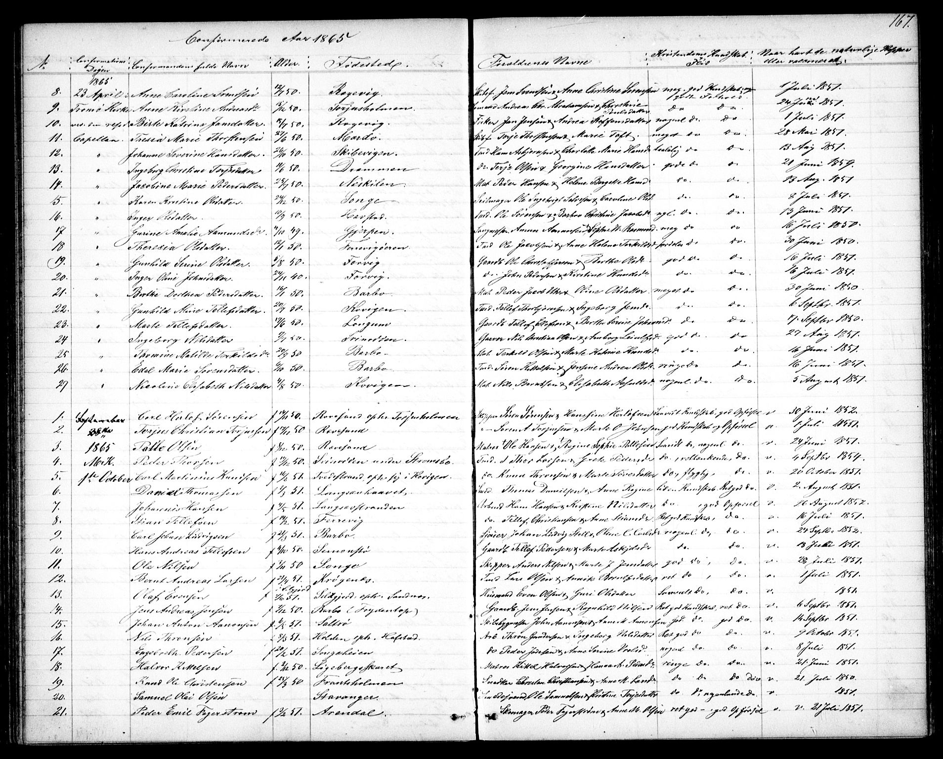 Tromøy sokneprestkontor, AV/SAK-1111-0041/F/Fb/L0003: Parish register (copy) no. B 3, 1859-1868, p. 167